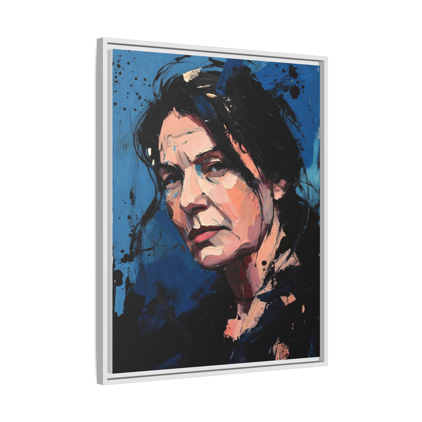 Framed Matte Canvas Portrait — Expressive Blue Painterly Woman Art