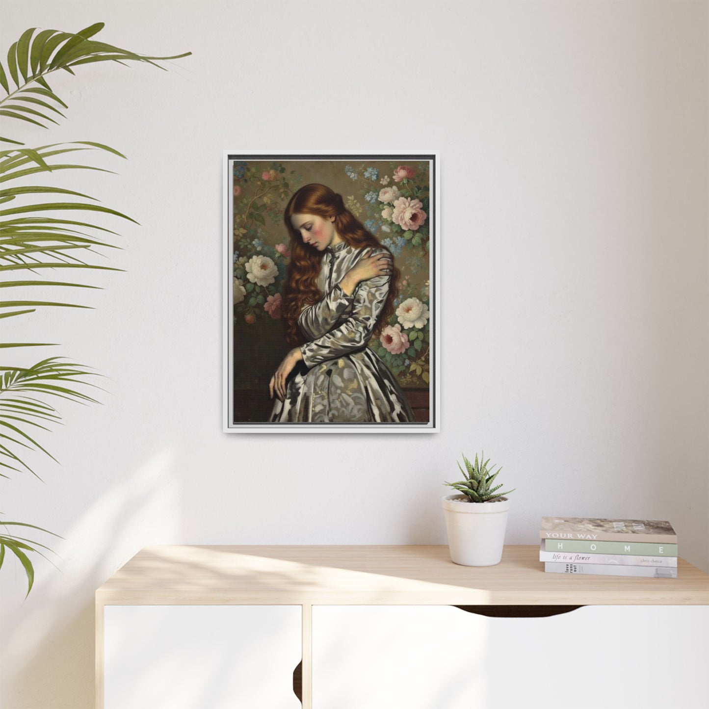 Framed Matte Canvas Art — Vintage Floral Portrait of a Young Woman