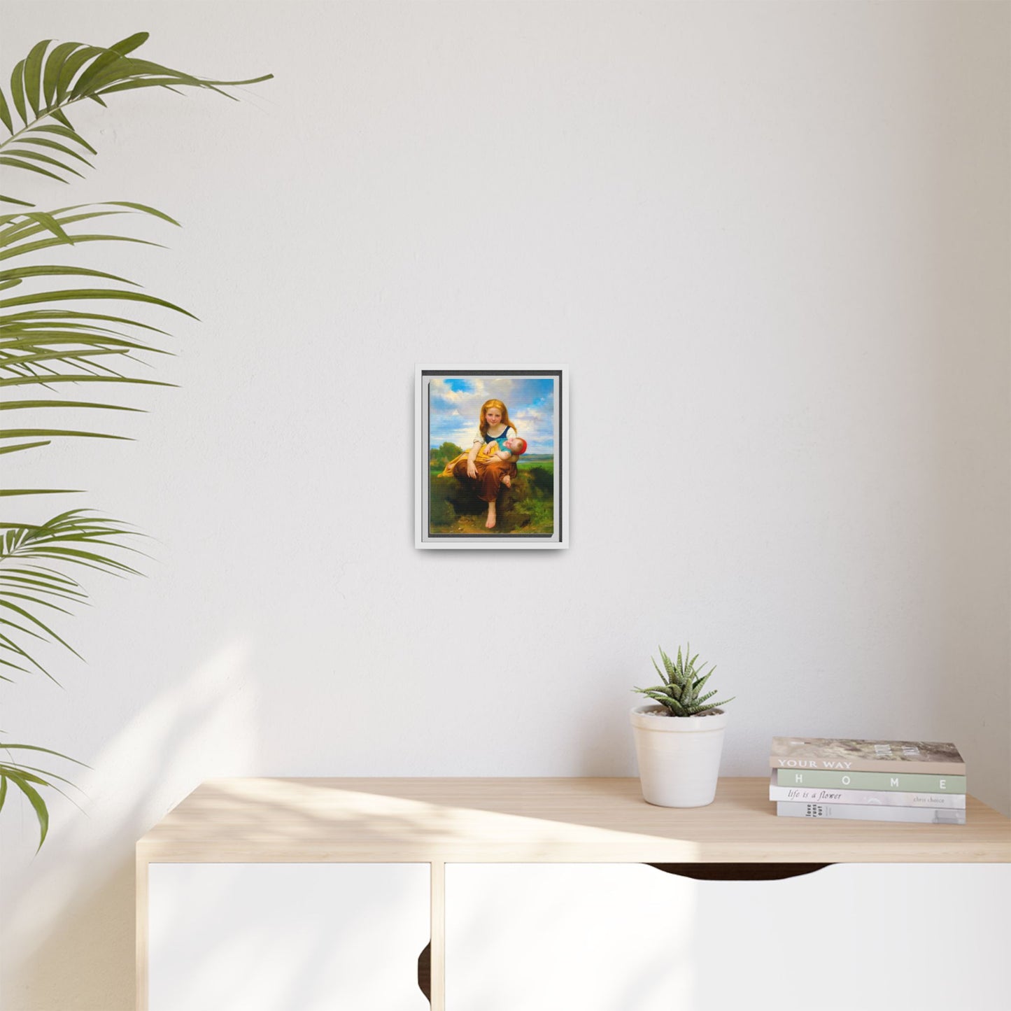 Young Girl Holding Sleeping Baby Canvas Print, Framed Wall Art