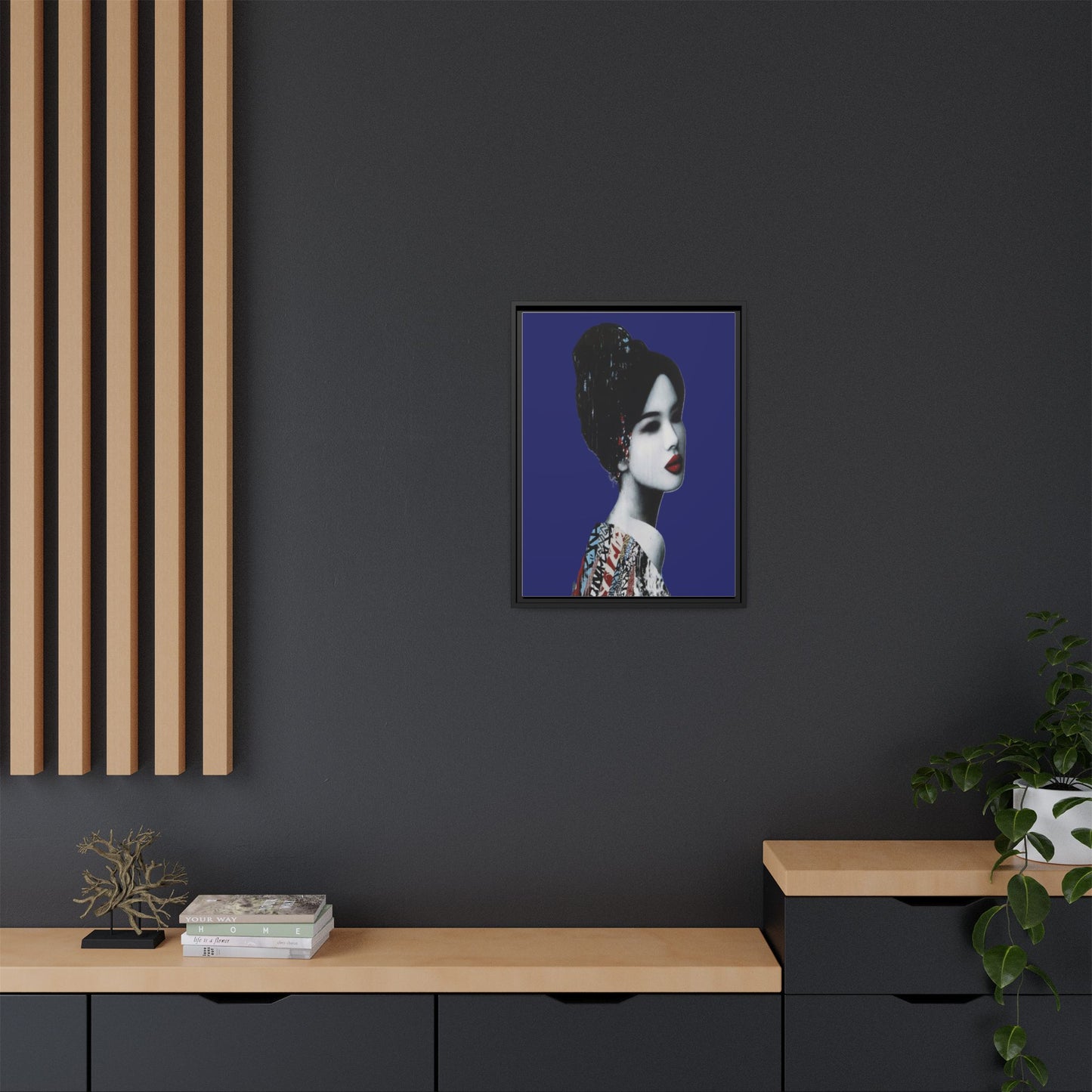 Framed Matte Canvas Art — Elegant Geisha Portrait on Deep Blue