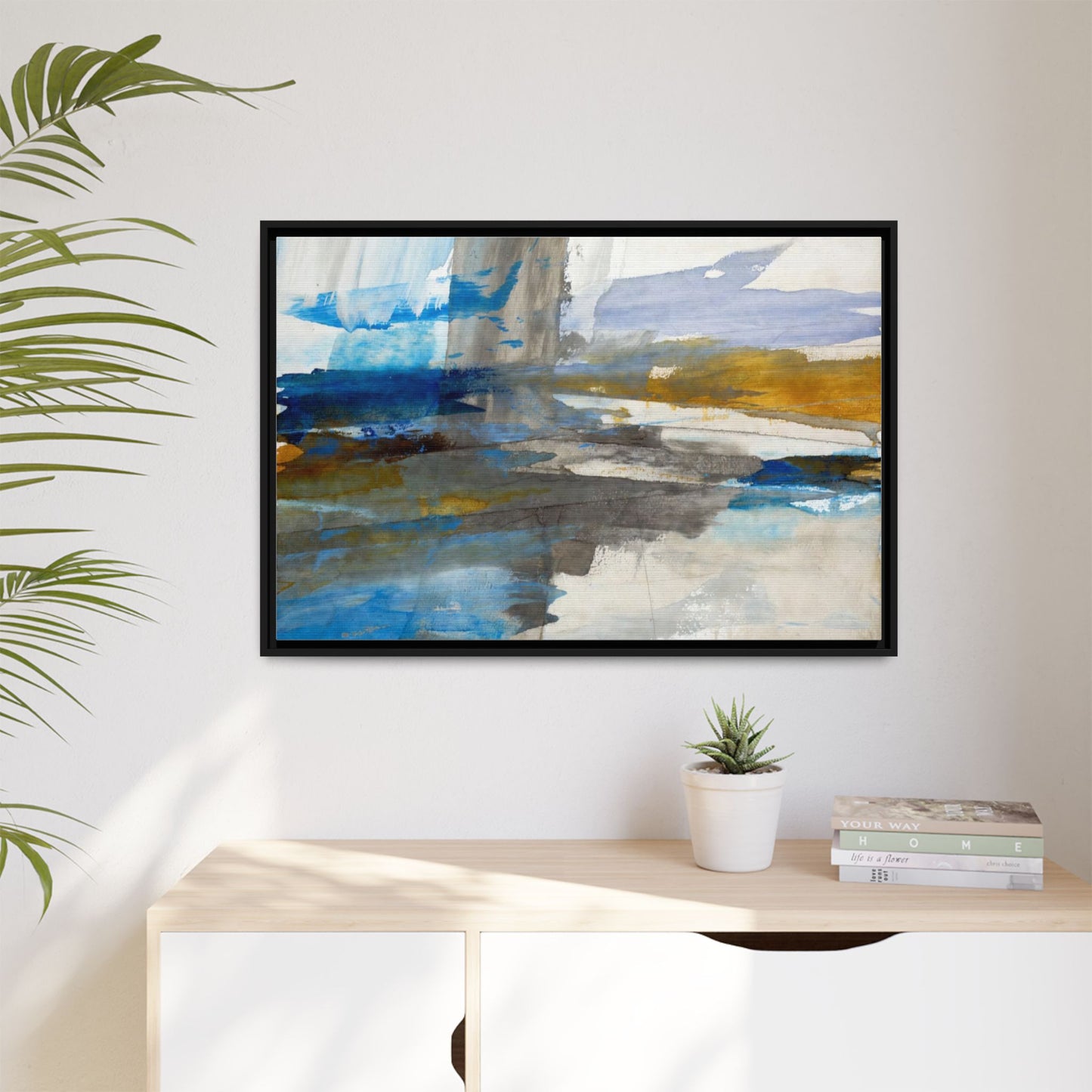 Abstract Blue & Gold Framed Canvas Art — Matte Multi-Color Wall Print