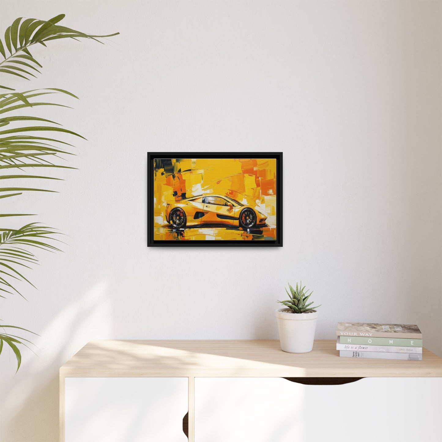 Yellow Sports Car Abstract Matte Canvas Framed Print
