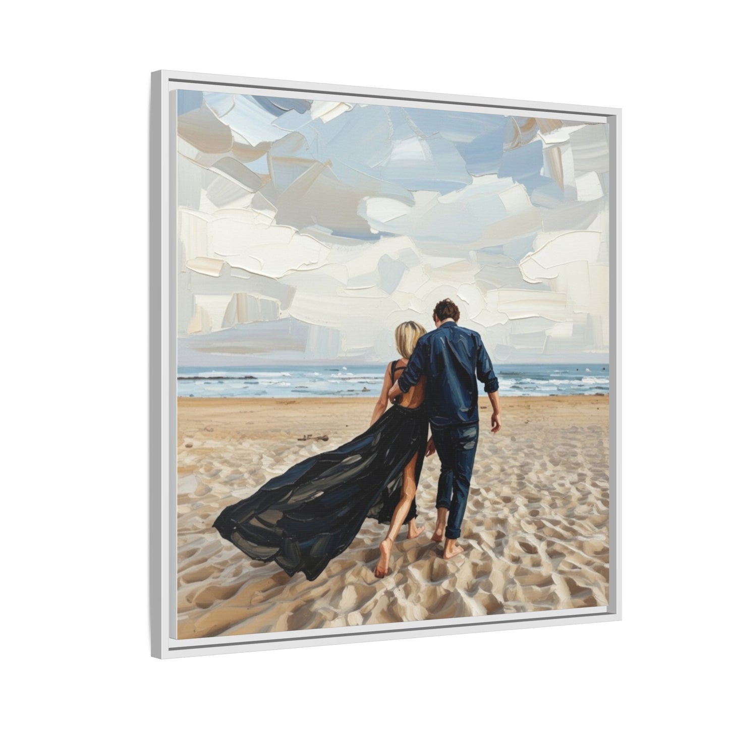 Framed Canvas Wall Art — Romantic Couple Walking on Beach Print