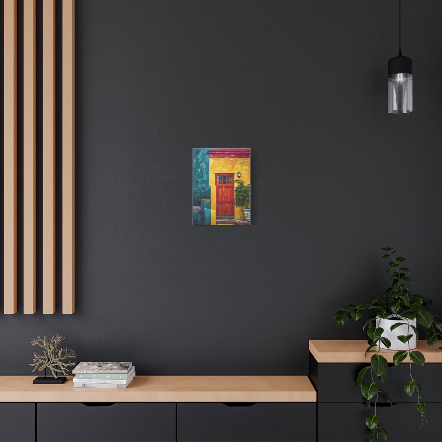 Colorful Doorway Canvas Wall Art — Vibrant Yellow & Teal Street Scene, Matte Stretched Print