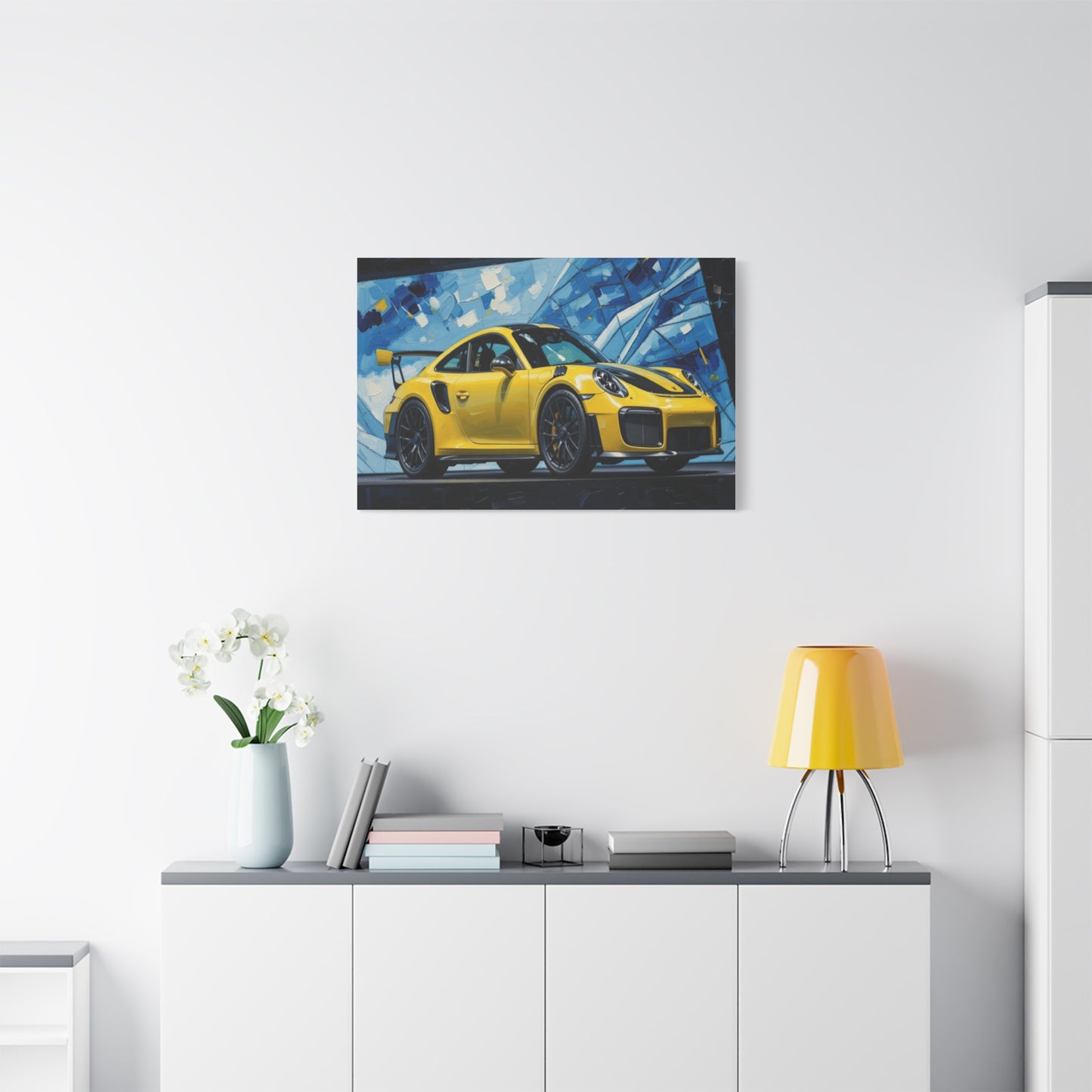 Yellow Porsche Sports Car Canvas Print — Modern Automotive Wall Art