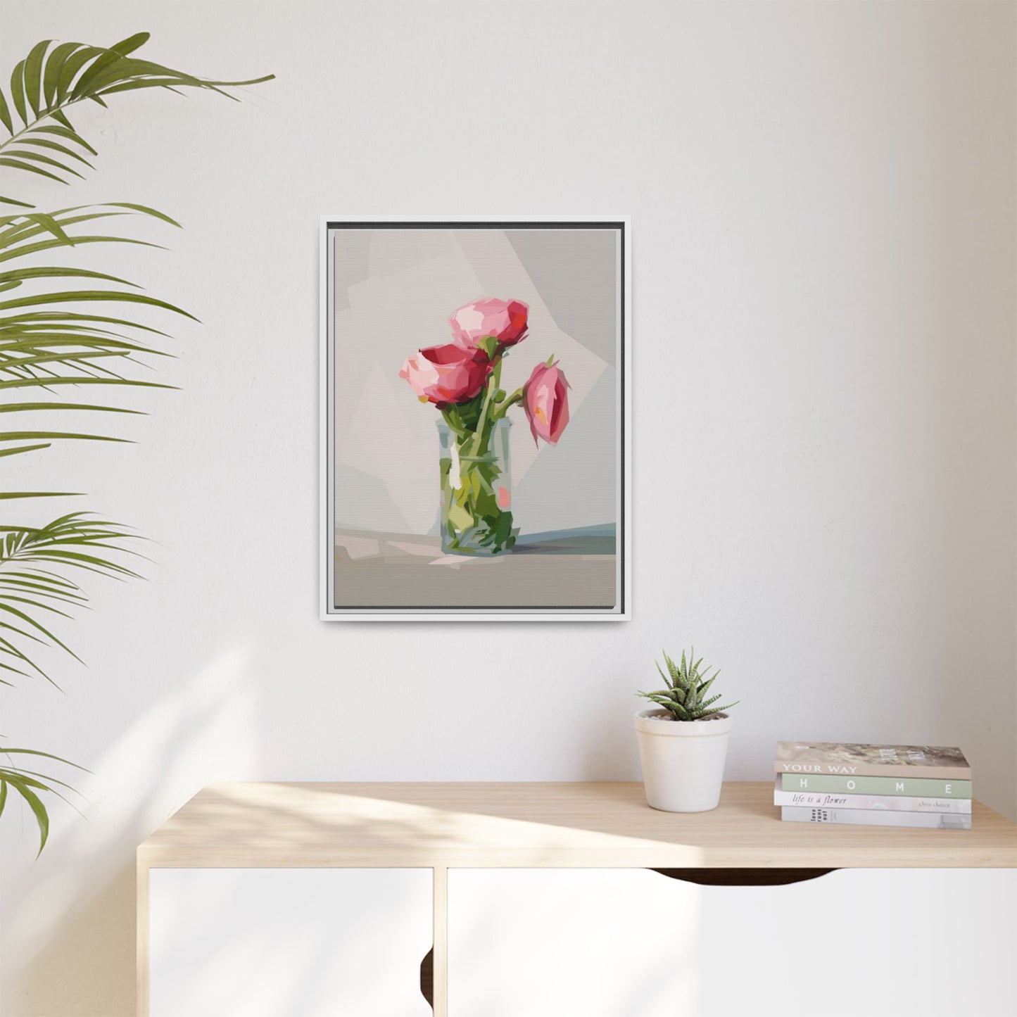 Framed Canvas Art — Pink Roses in Vase, Modern Floral Wall Print
