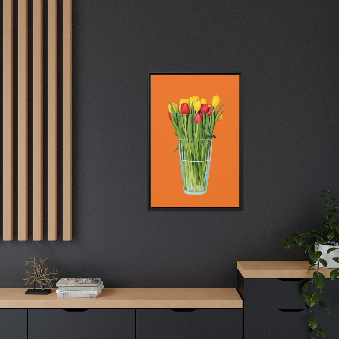 Framed Tulip Canvas Print — Colorful Tulips in Glass Vase