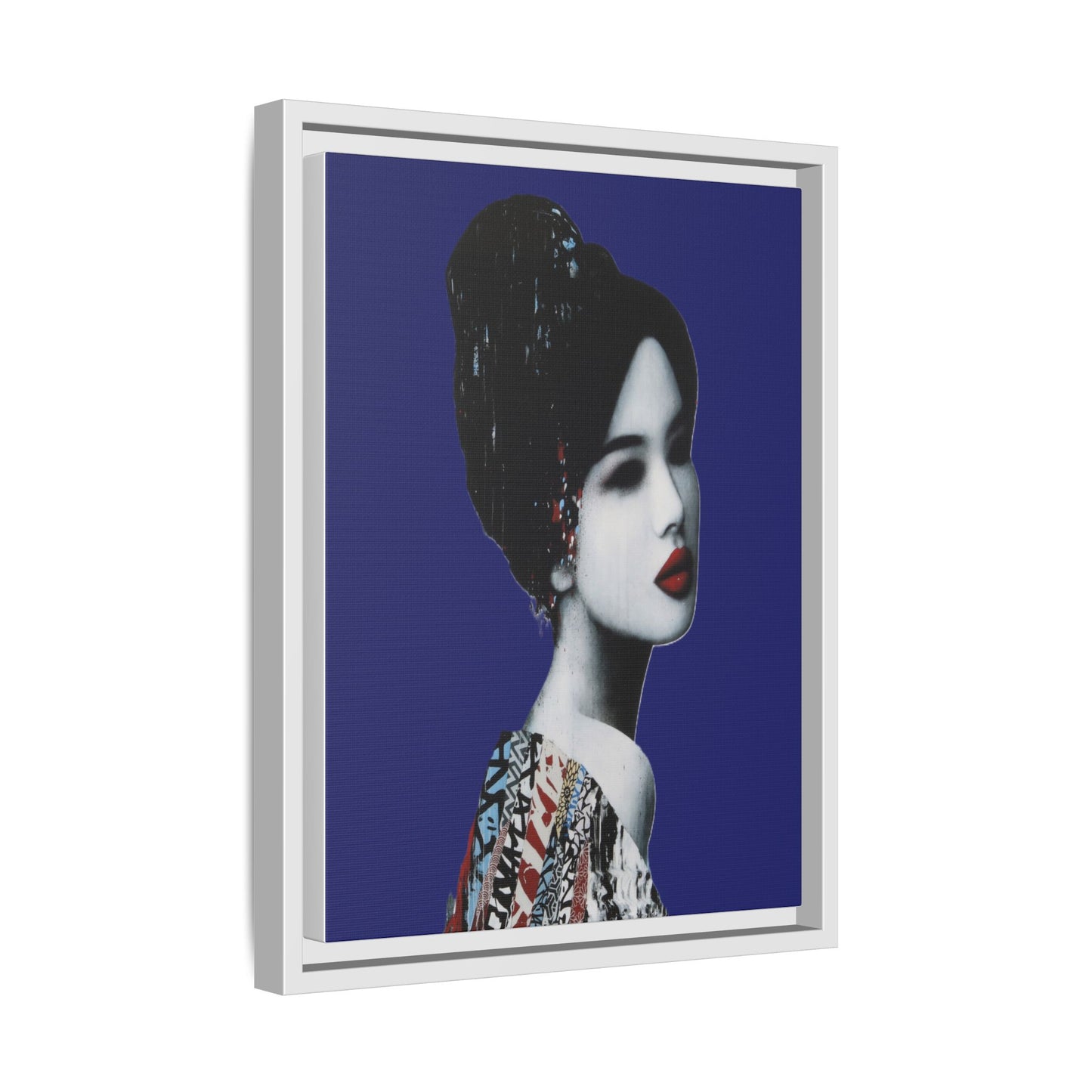 Framed Matte Canvas Art — Elegant Geisha Portrait on Deep Blue