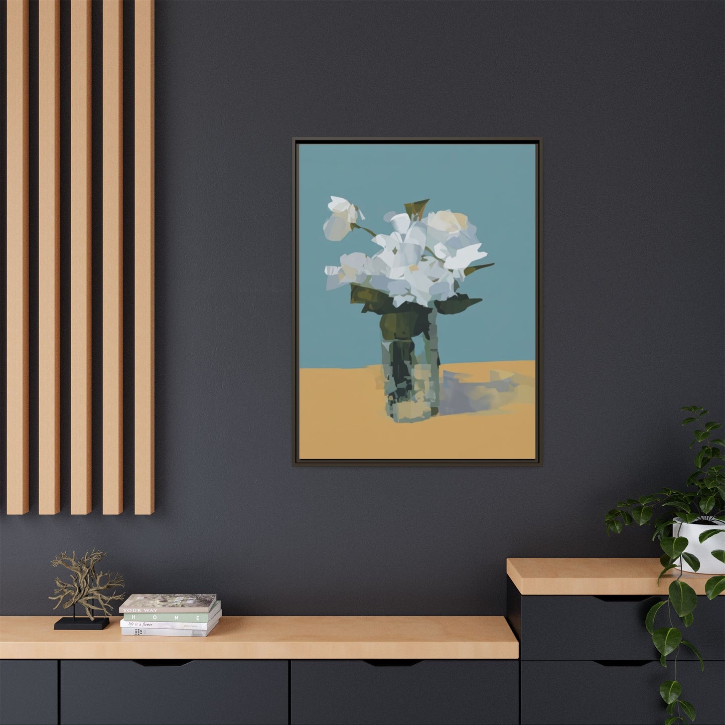 Framed Floral Still Life Canvas Art — Modern White Bouquet Wall Art