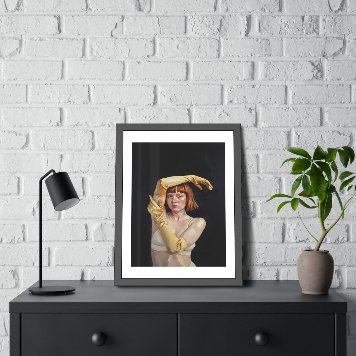 Framed Art Poster — Portrait of Redhead Woman in Yellow Gloves (Gallery Wall Print)
