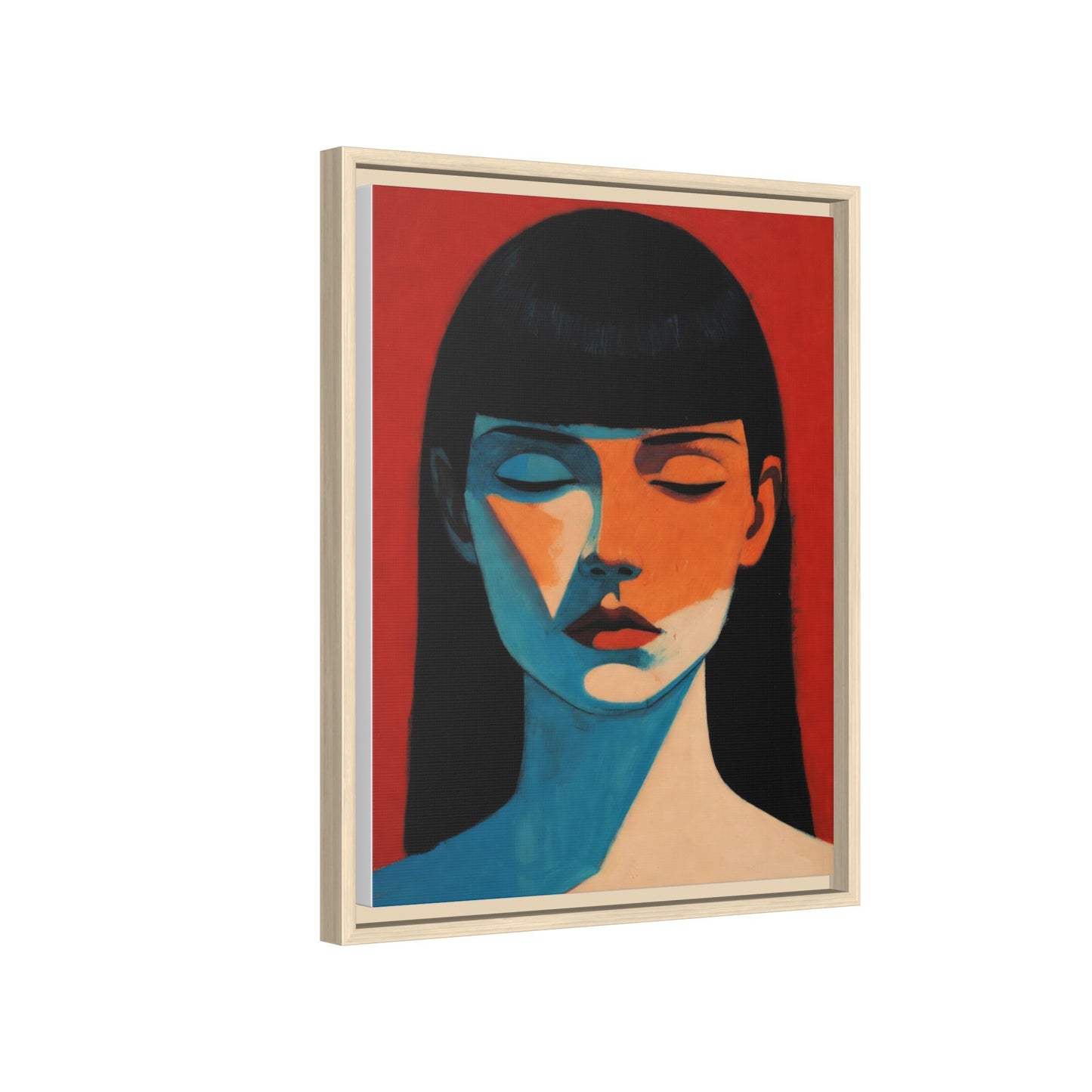 Framed Matte Canvas Art – Minimalist Portrait in Red & Teal