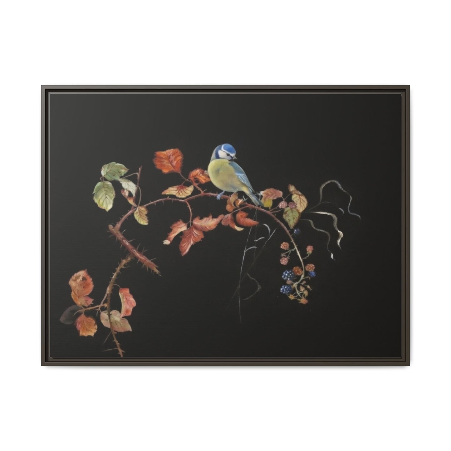 Framed Matte Canvas - Blue Tit on Autumn Branch Wall Art