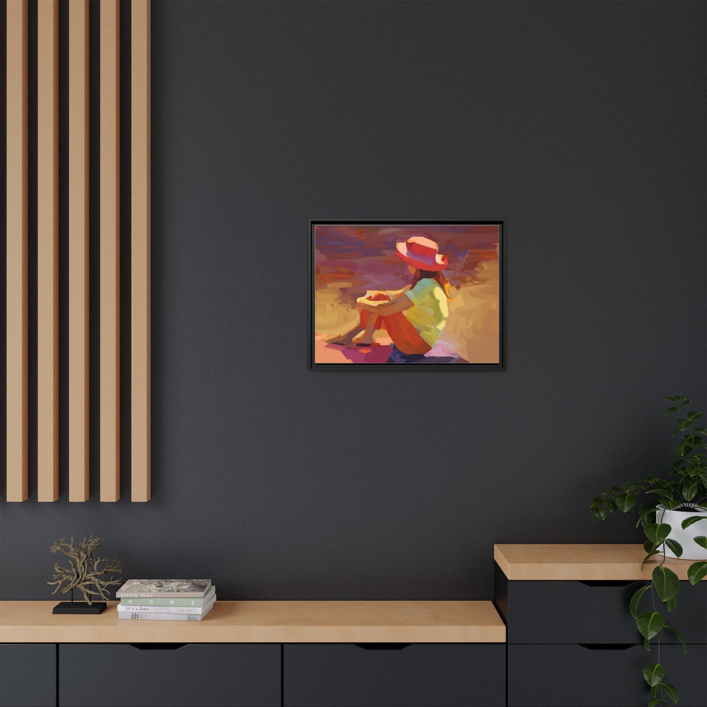 Framed Matte Canvas — Colorful Seated Girl Beach Art