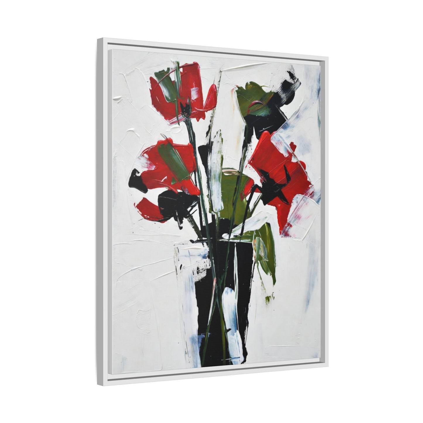 Framed Abstract Floral Canvas Print — Red Poppies in Black Vase