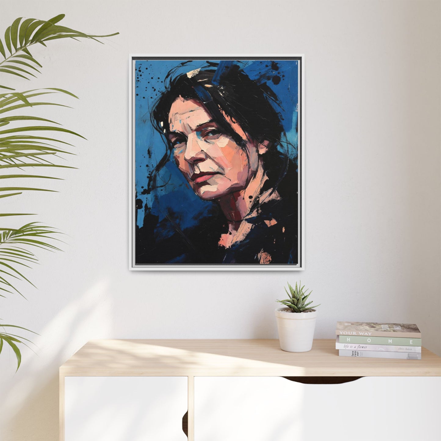 Framed Matte Canvas Portrait — Expressive Blue Painterly Woman Art