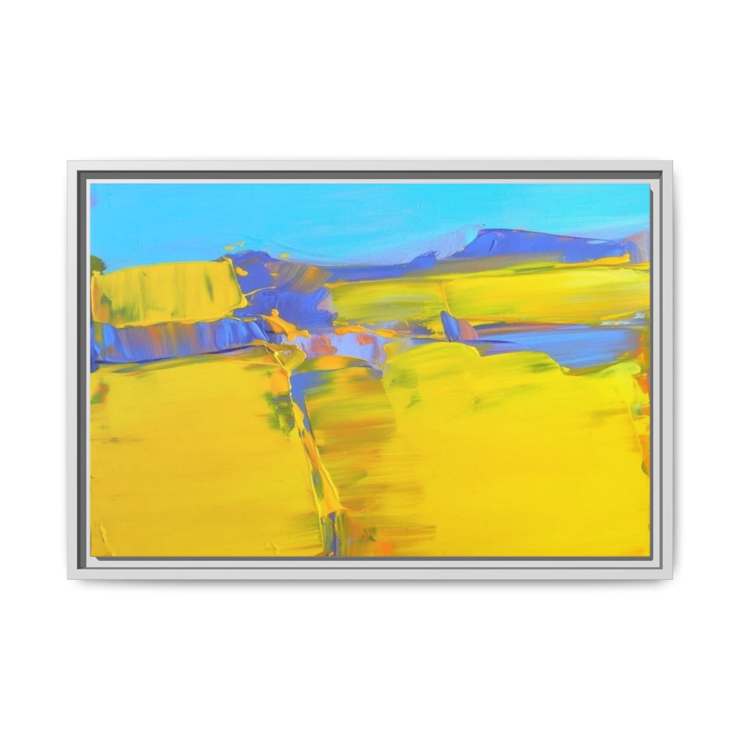 Framed Matte Canvas  Vibrant Yellow Blue Abstract Landscape Art
