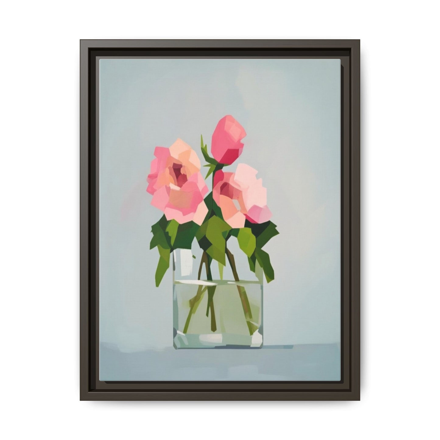 Framed Floral Canvas Print — Pink Roses in Glass Vase (Matte)