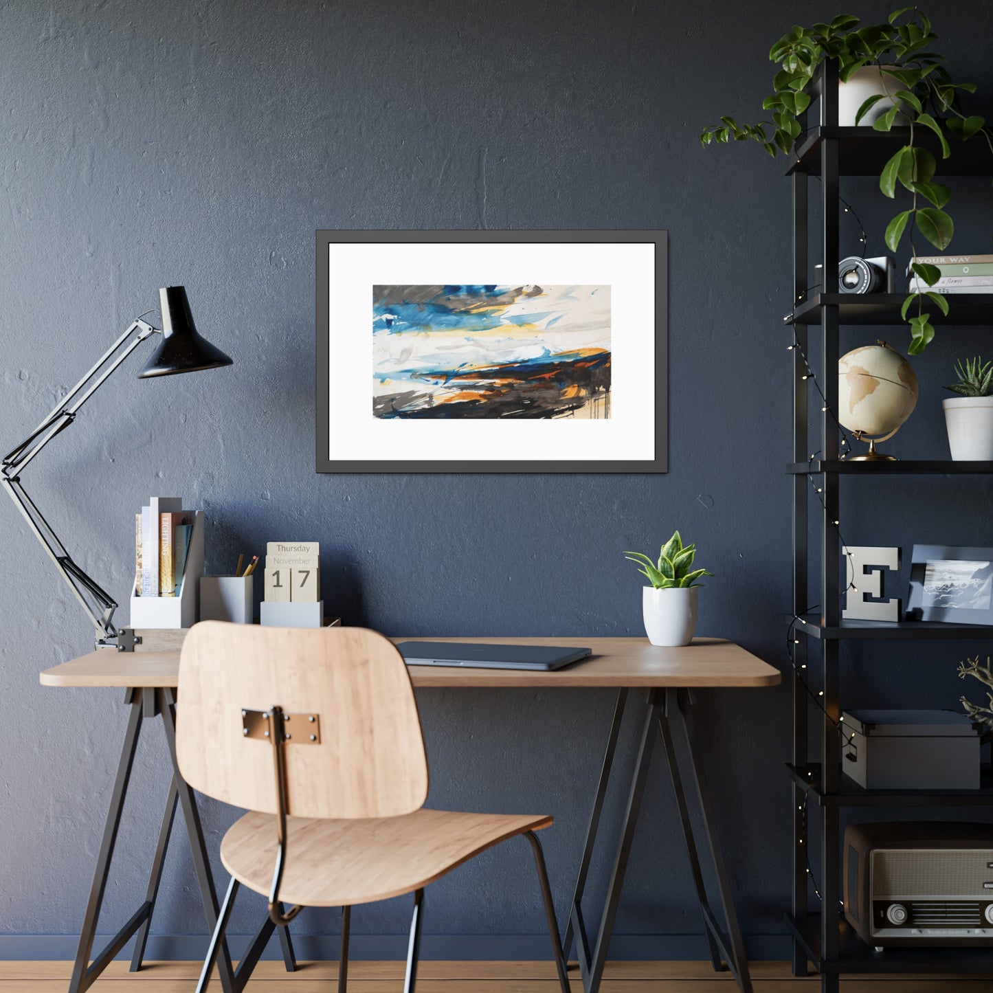 Framed Abstract Poster — Blue & Gold Coastal Abstract Art Print