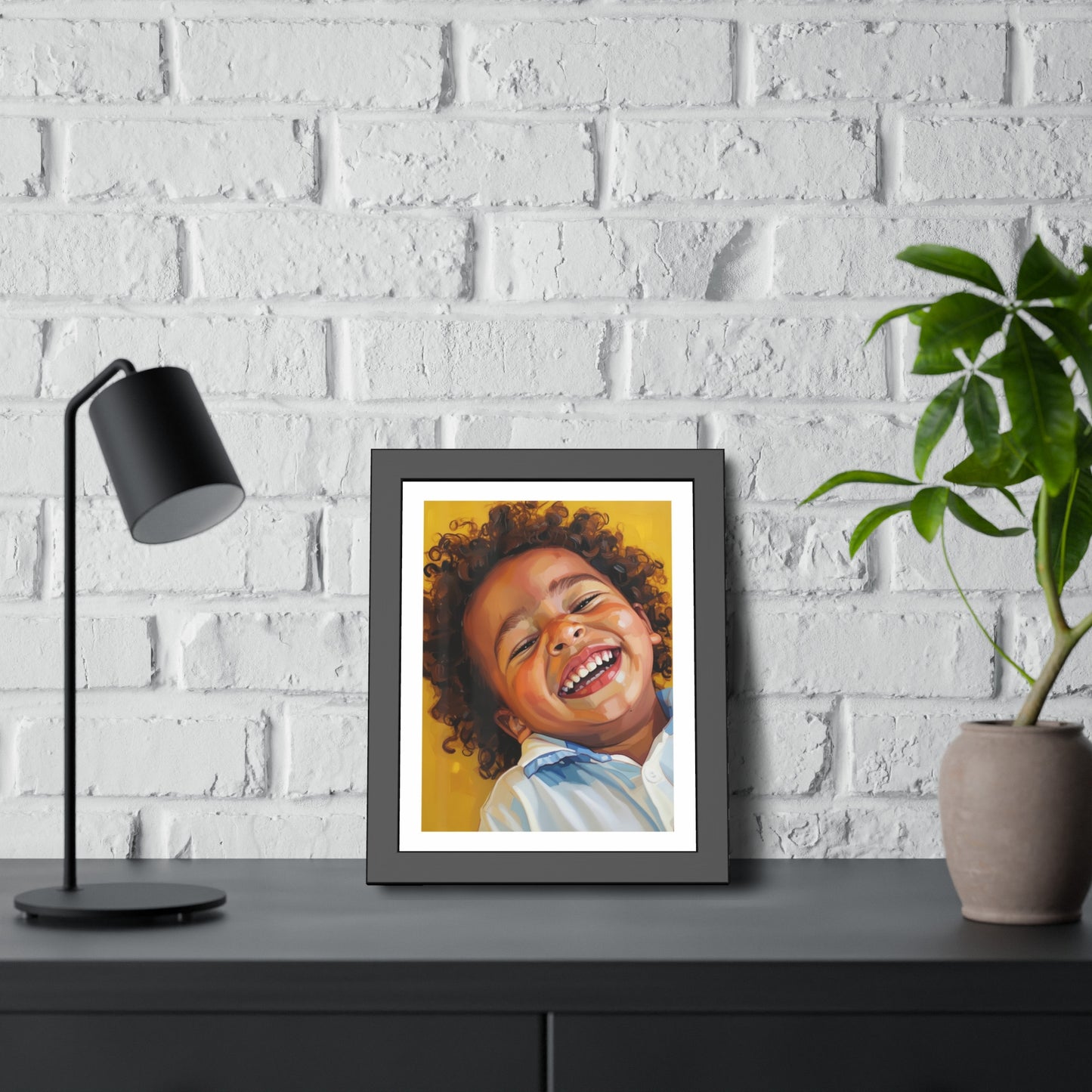 Framed Poster — Joyful Laughing Child Portrait, Colorful Nursery Wall Art