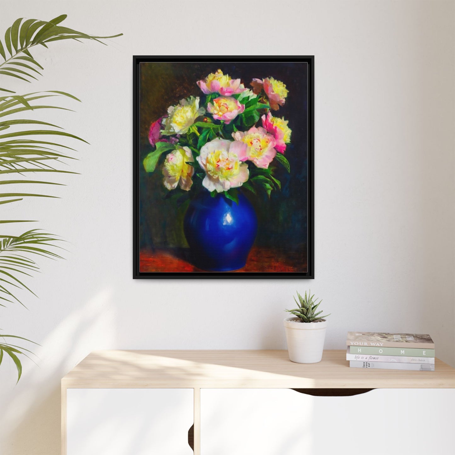 Framed Matte Canvas Wall Art — Vintage Floral Bouquet in Blue Vase