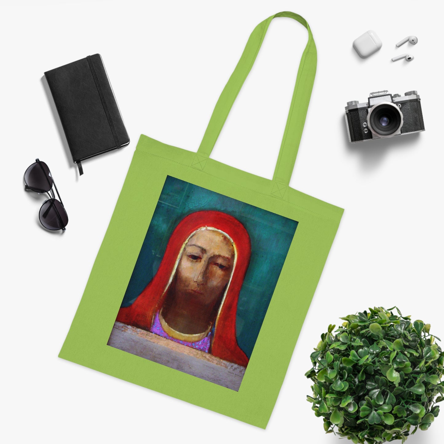 Art Portrait Tote Bag — Serene Red-Hooded Figure Canvas Cotton Tote