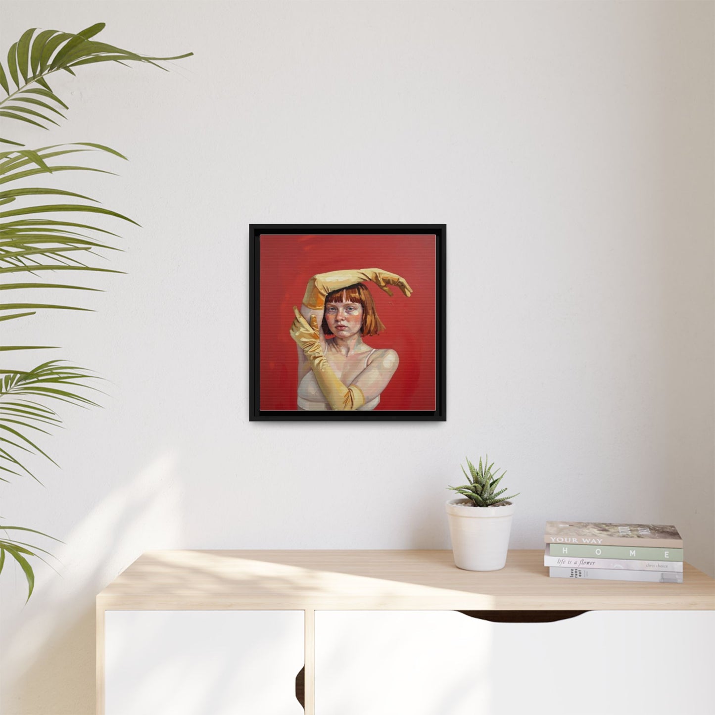 Framed Matte Canvas Art - Portrait of Woman in Yellow Gloves (Red Background)