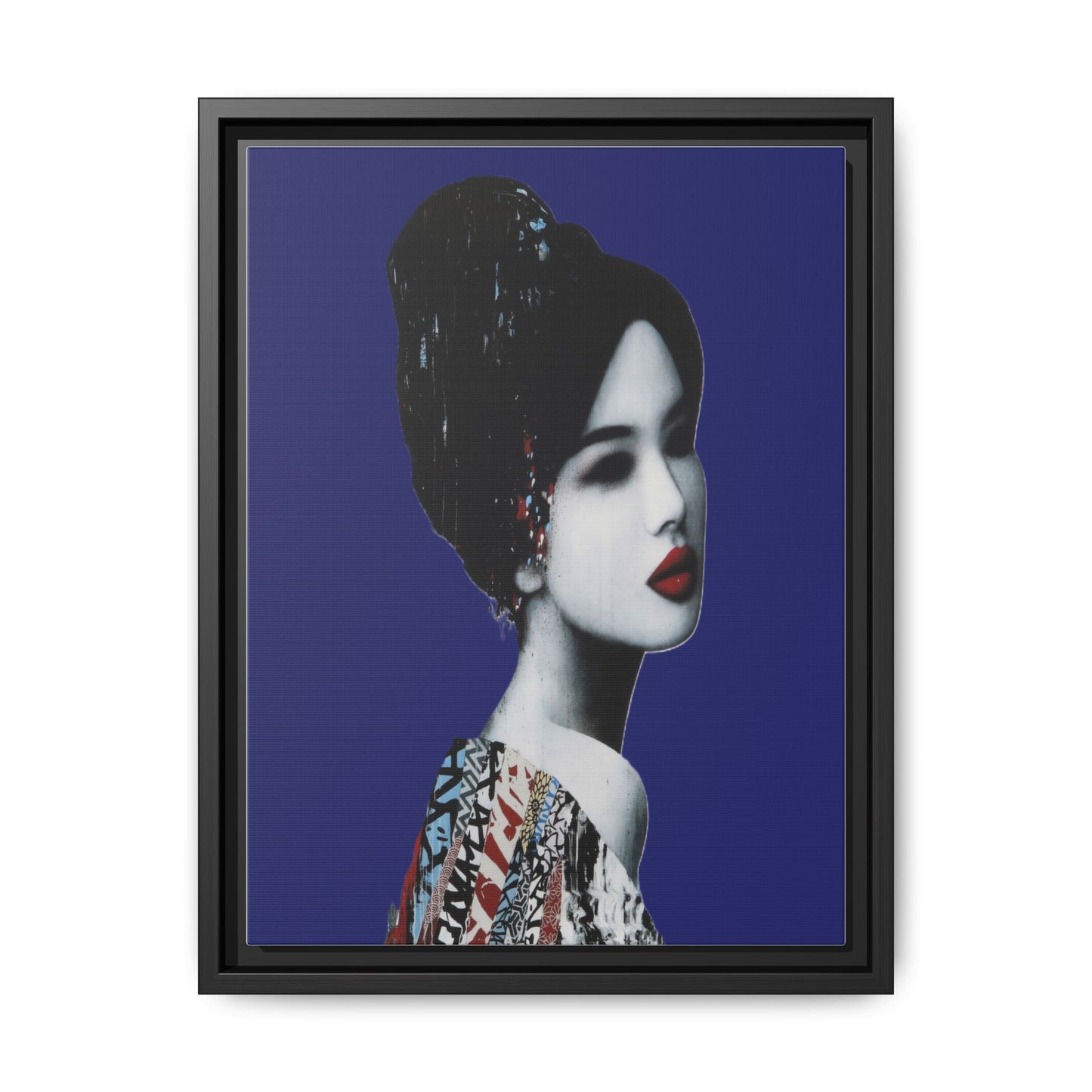 Framed Matte Canvas Art — Elegant Geisha Portrait on Deep Blue