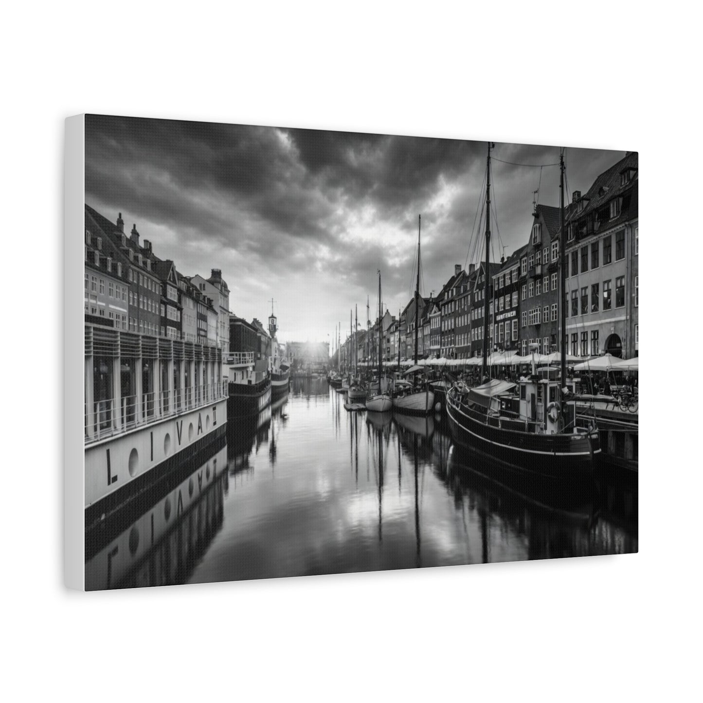 Black & White Harbor Canvas Print — Dramatic Copenhagen Cityscape Wall Art