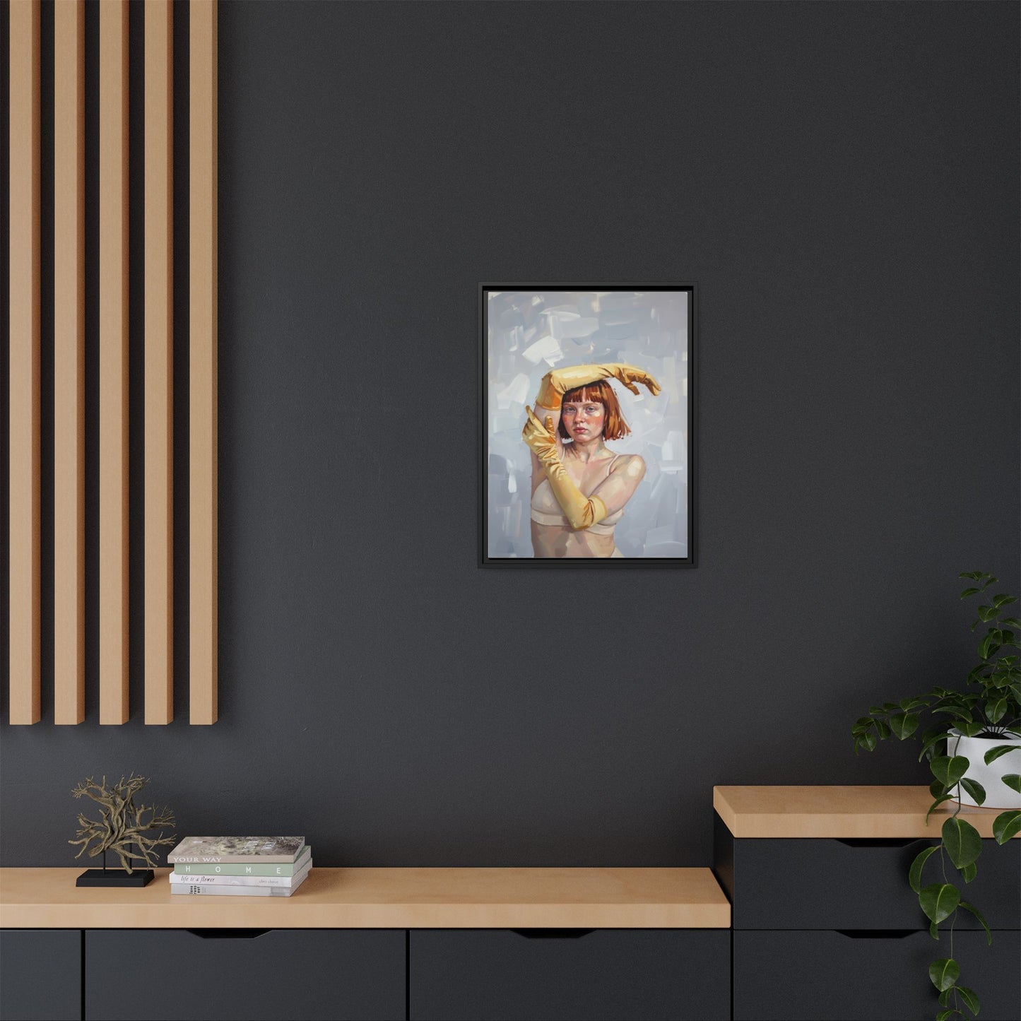 Contemporary Portrait Canvas Print — Woman with Yellow Gloves (Framed Matte)