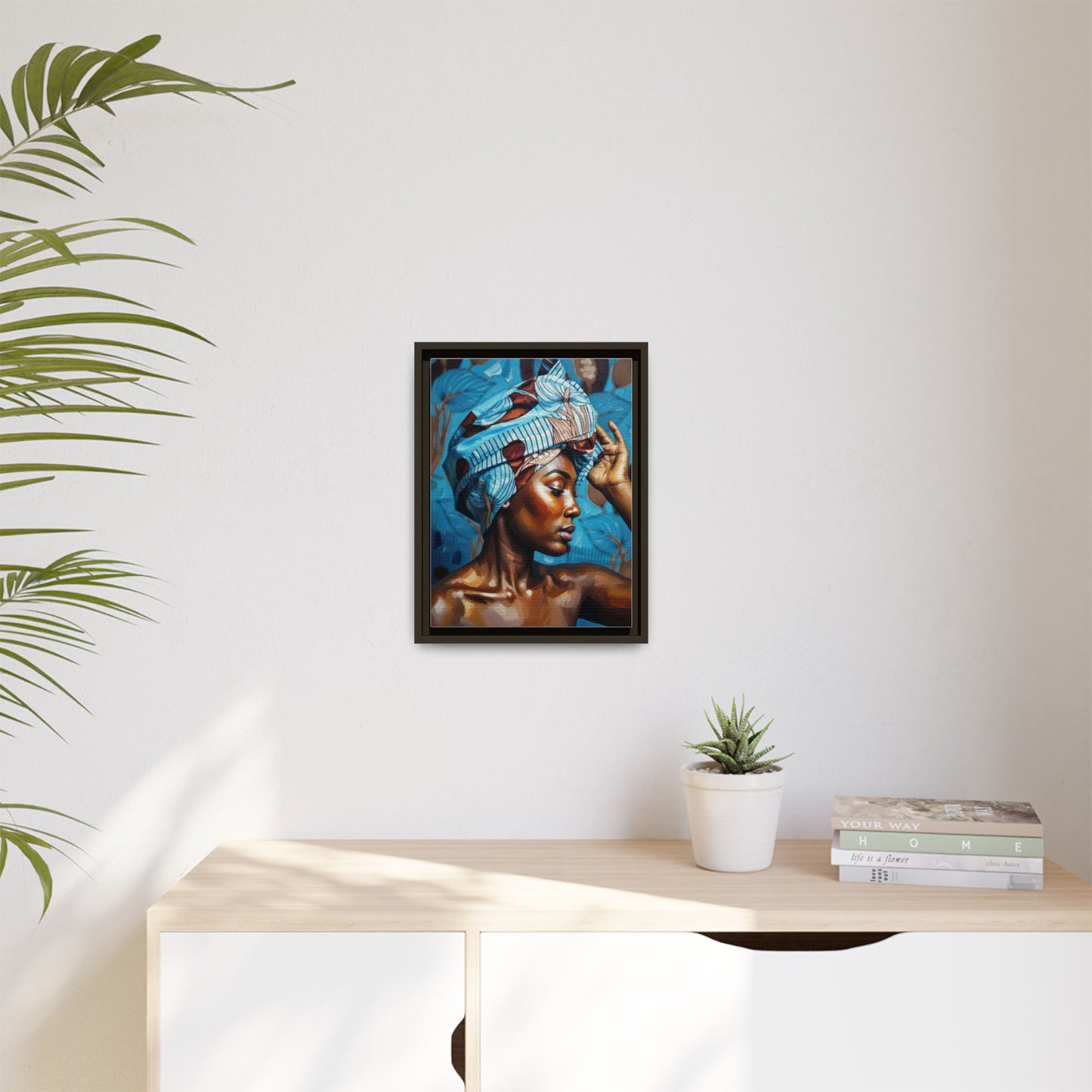 Framed Canvas Art — Portrait of Woman in Blue Headwrap