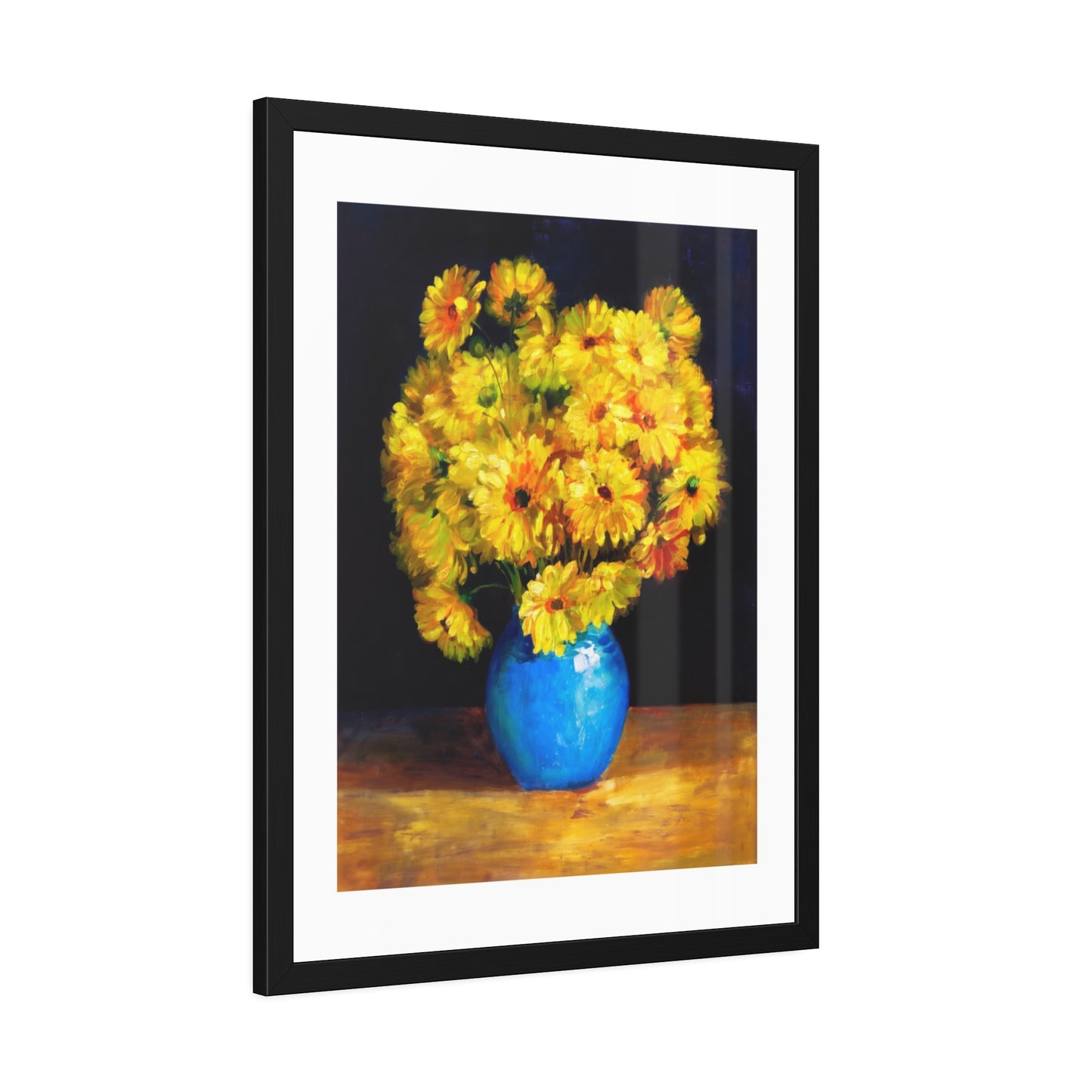 Framed Art Print — Yellow Daisy Bouquet in Blue Vase