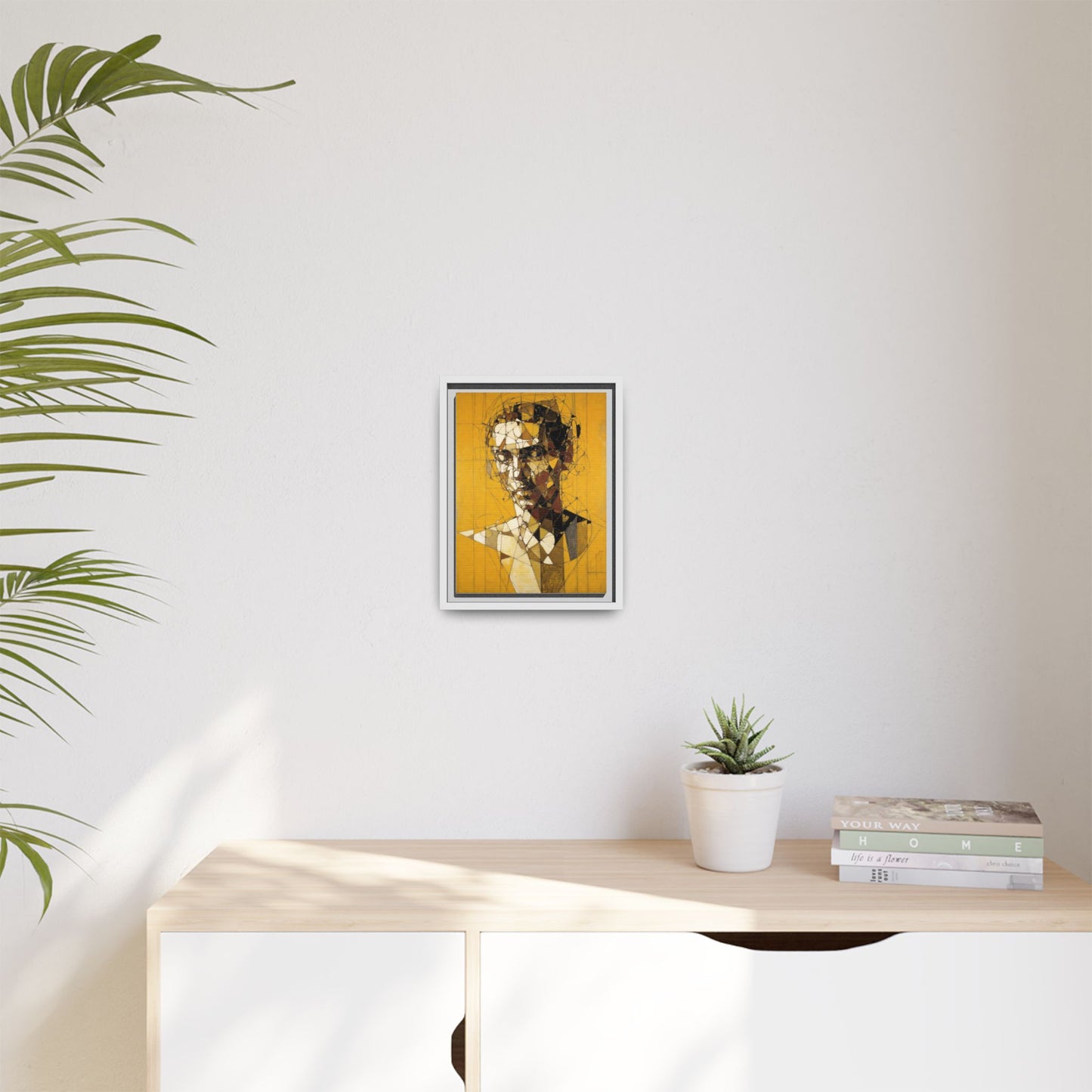 Framed Matte Canvas Art - Abstract Geometric Portrait on Mustard Yellow