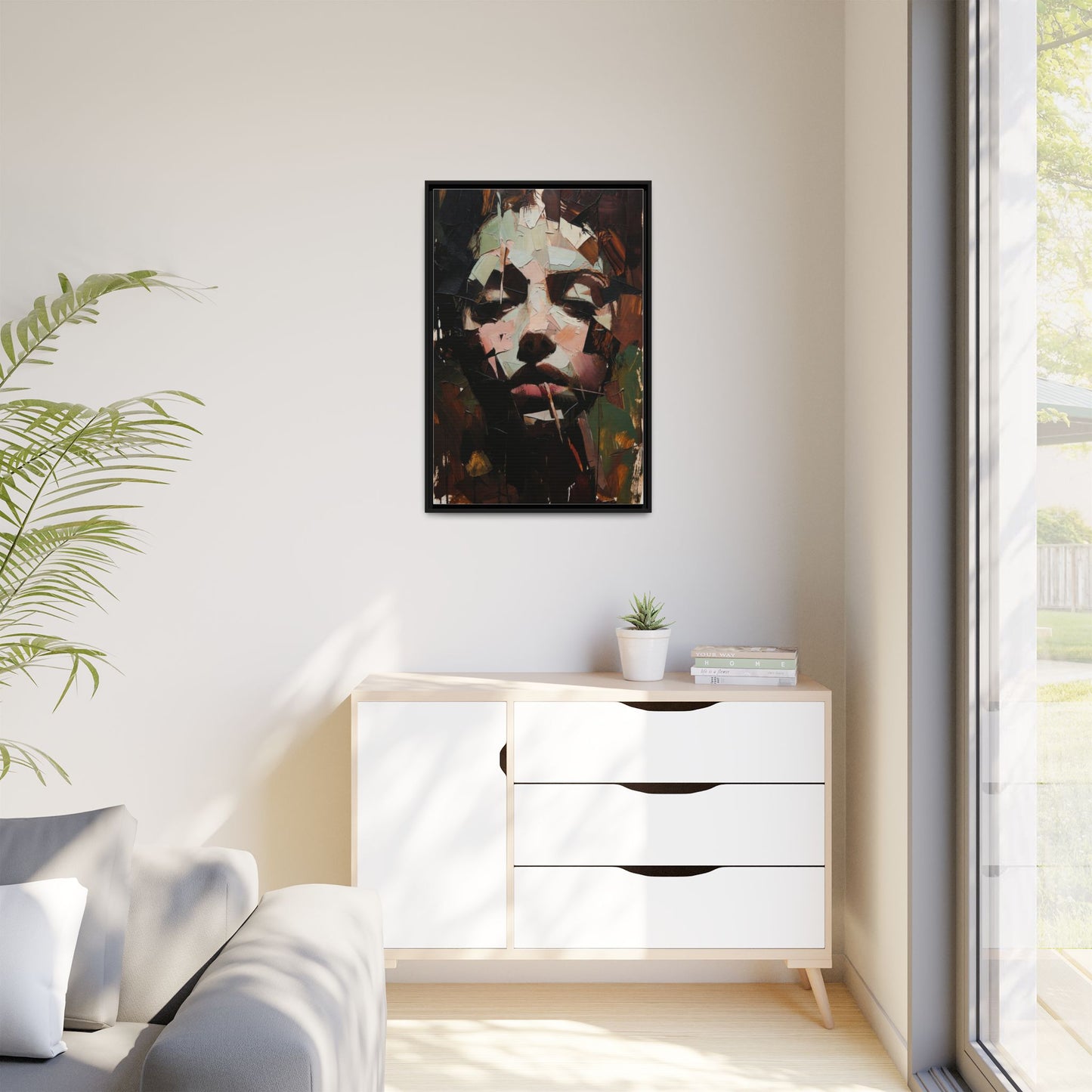 Matte Framed Canvas Art — Abstract Female Portrait, Moody Multicolor