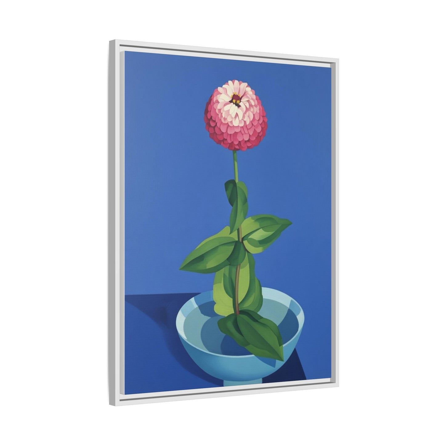 Framed Matte Canvas Art — Pink Zinnia in Blue Bowl (Botanical Still Life)