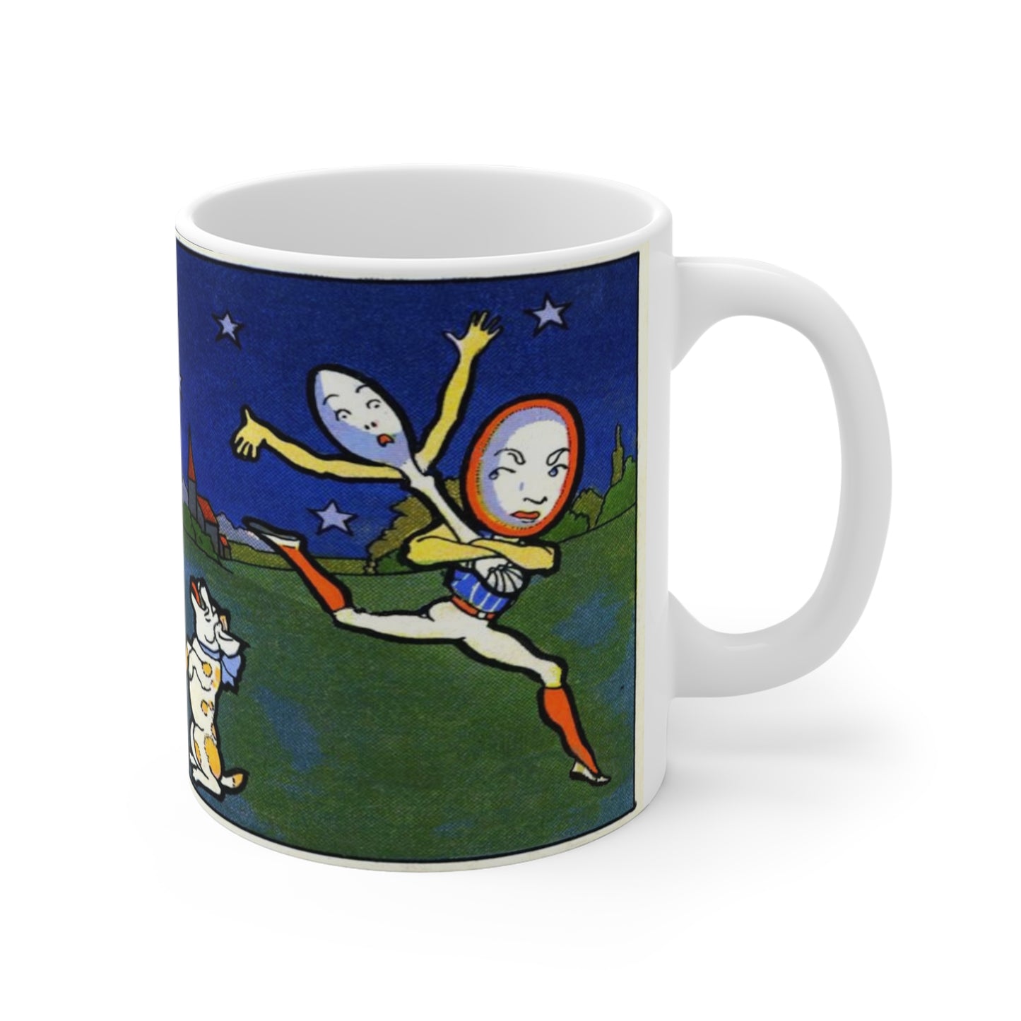 Cow Jumping Over the Moon Mug — Whimsical Nursery Art Coffee Cup