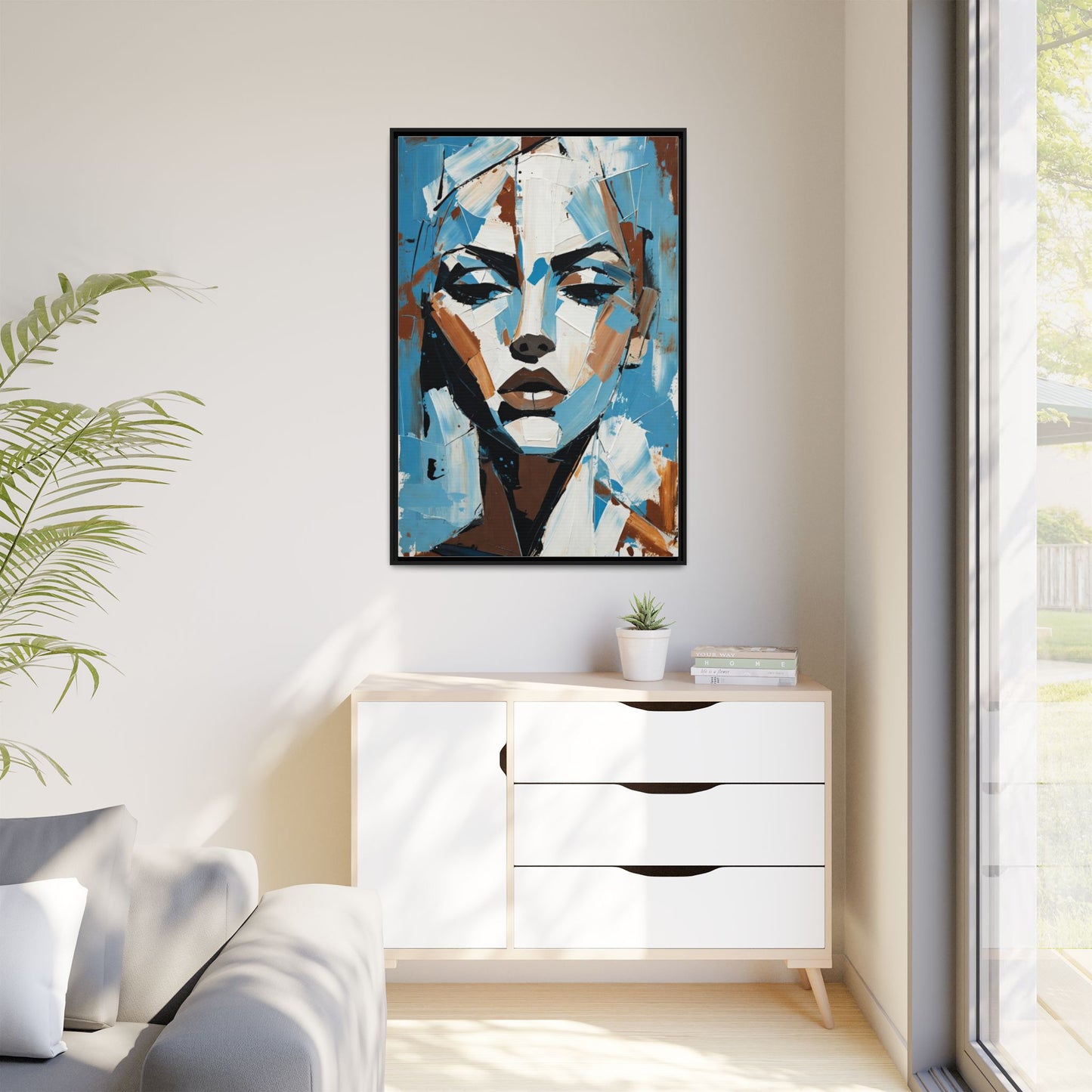 Abstract Blue Face Matte Canvas Wall Art — Framed Modern Portrait Print