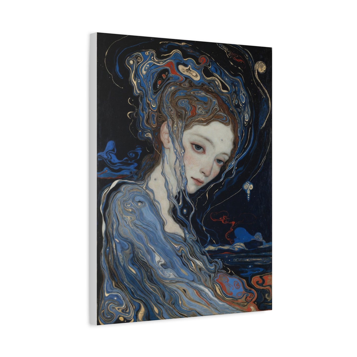 Ethereal Siren Matte Canvas Wall Art — Surreal Blue Portrait, Stretched 1.25"