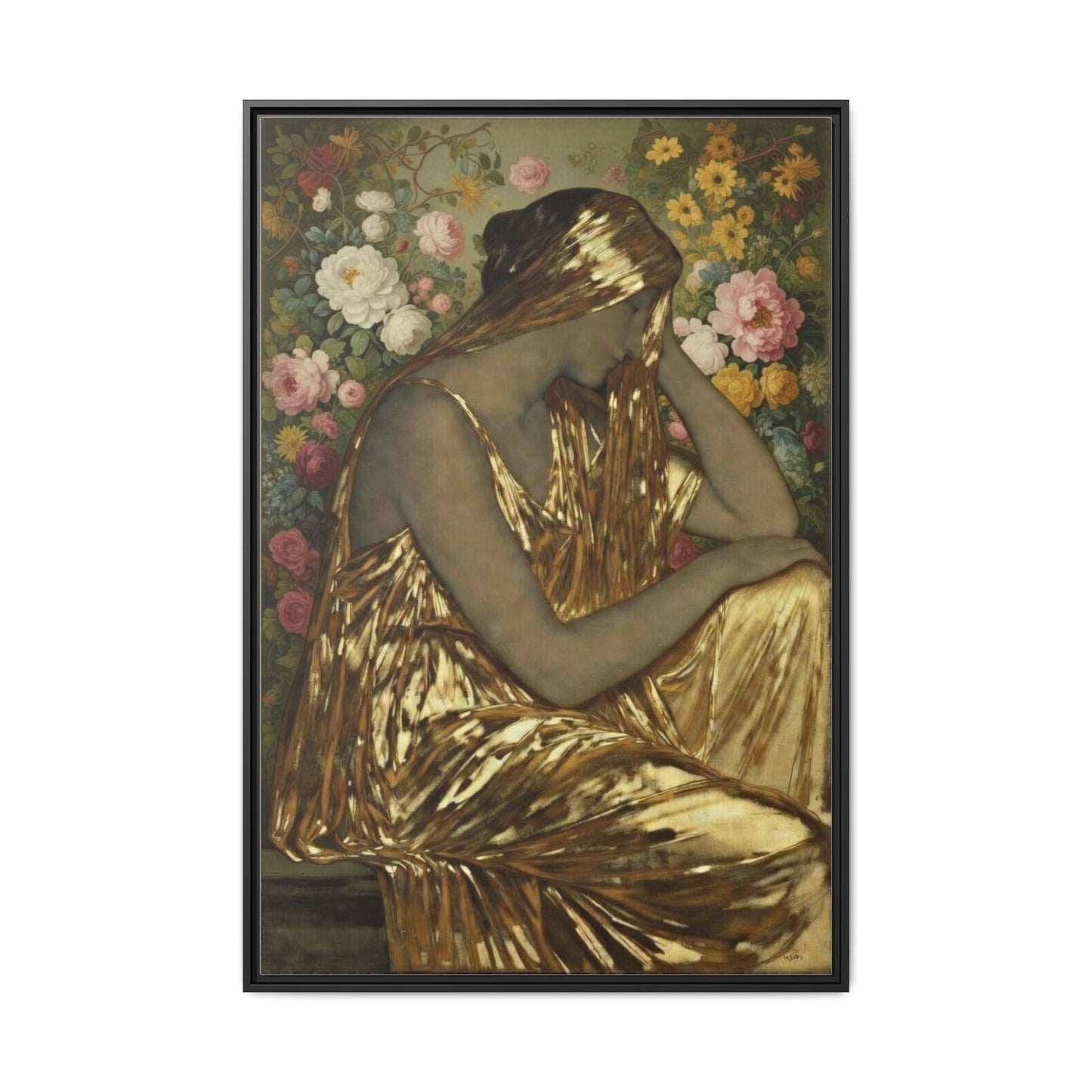 Framed Canvas Art Print — Golden Muse Woman with Floral Background