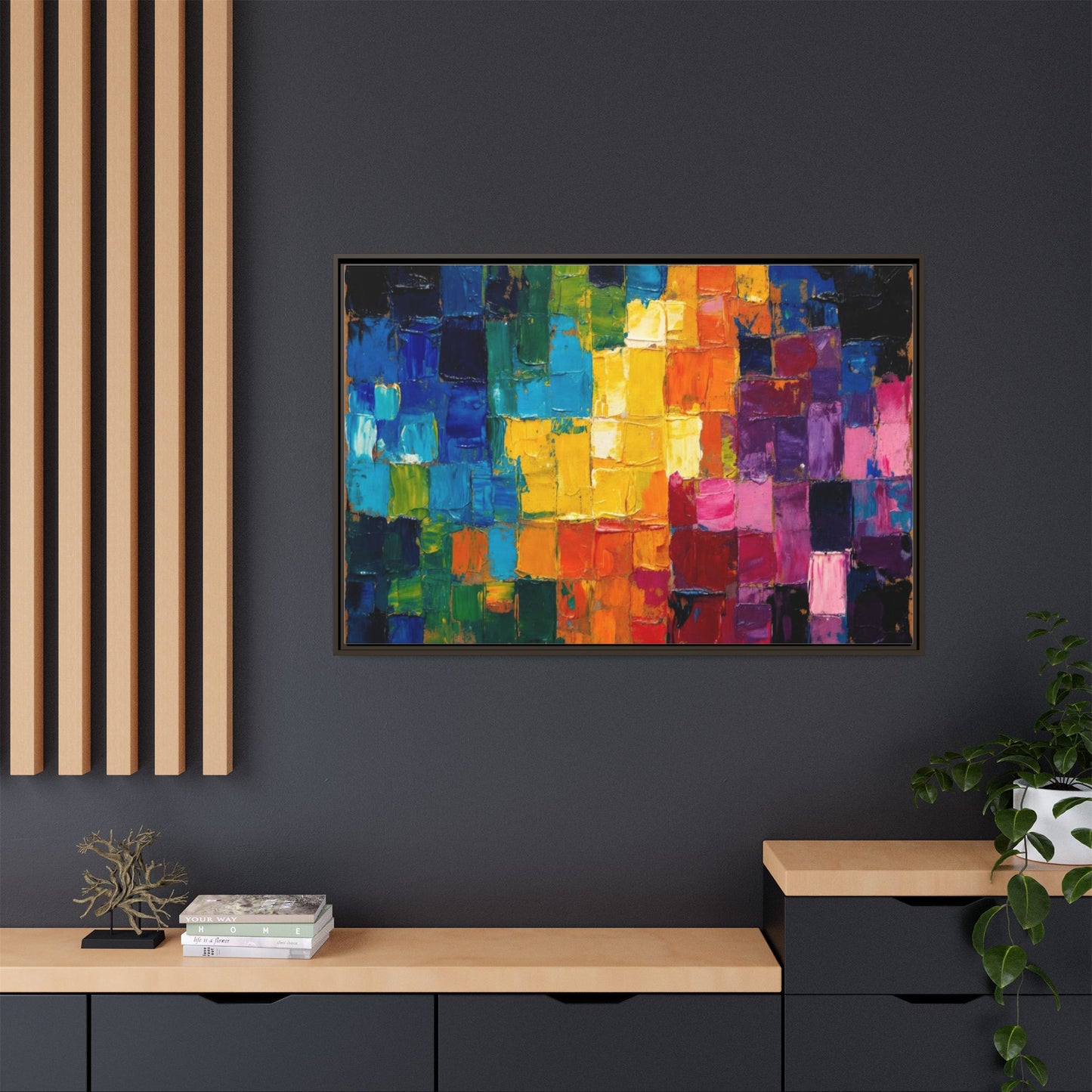 Abstract Rainbow Mosaic Framed Canvas Print — Colorful Modern Wall Art