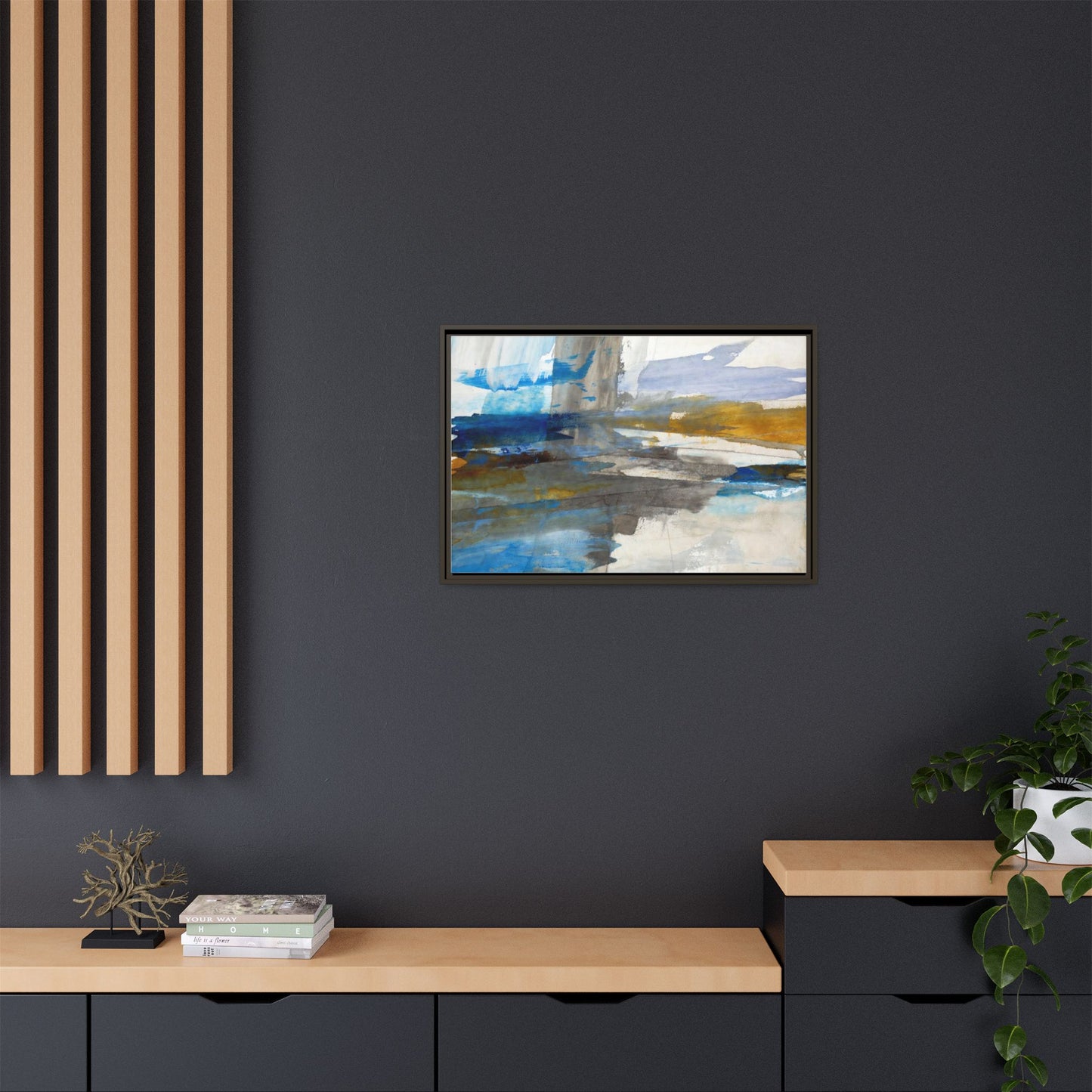 Abstract Blue & Gold Framed Canvas Art — Matte Multi-Color Wall Print