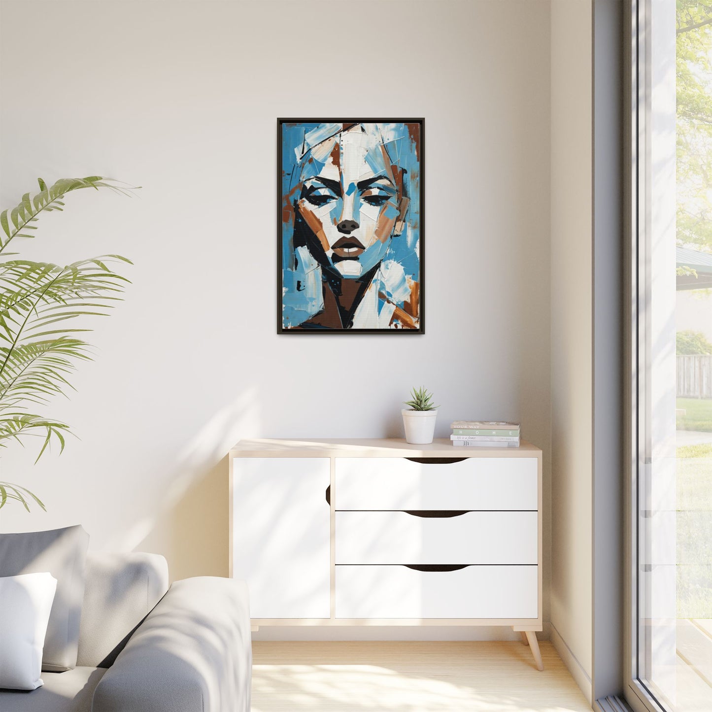 Abstract Blue Face Matte Canvas Wall Art — Framed Modern Portrait Print