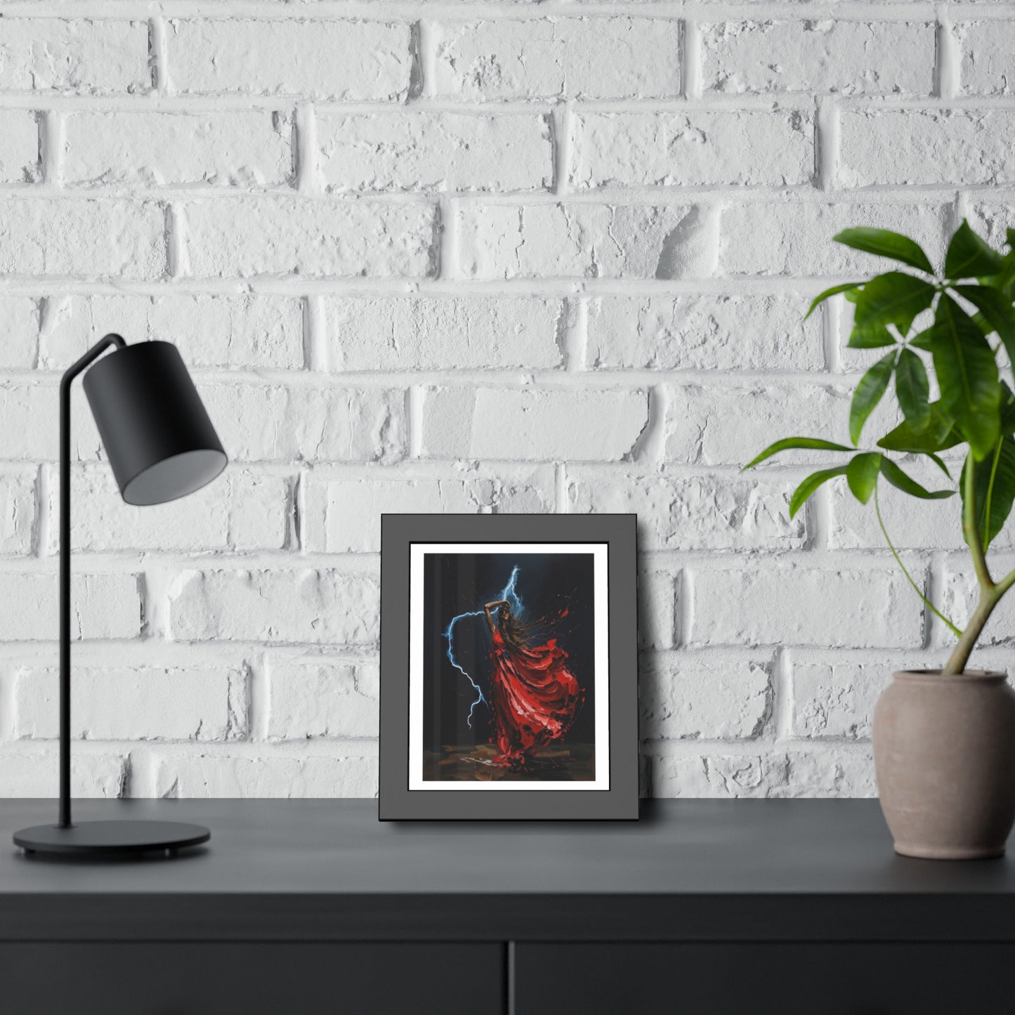 Framed Poster — Red-Dressed Dancer with Lightning Art Print