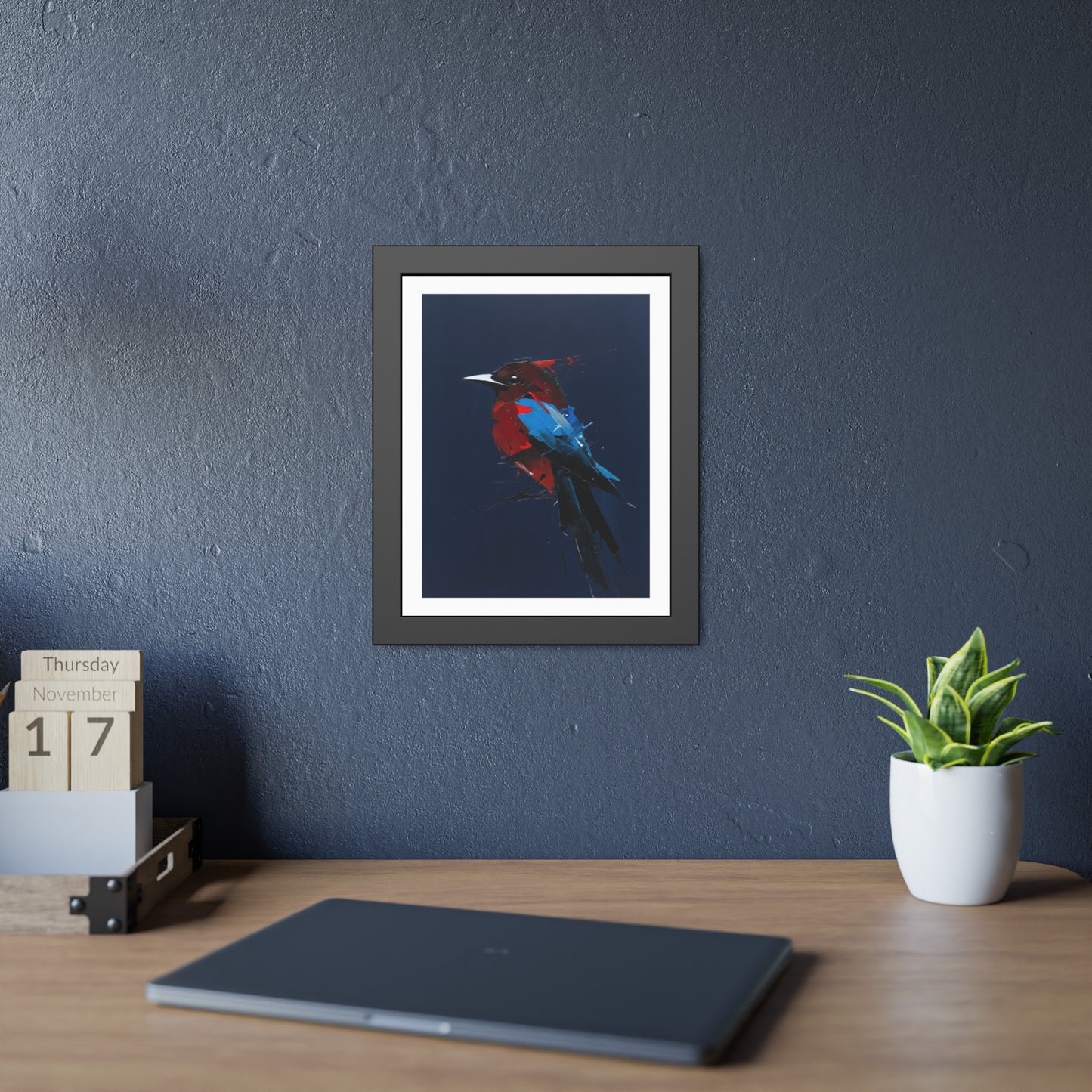 Framed Bird Art Print — Modern Red & Blue Kingfisher Poster