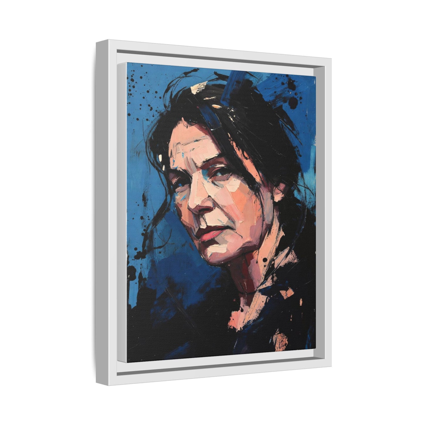 Framed Matte Canvas Portrait — Expressive Blue Painterly Woman Art