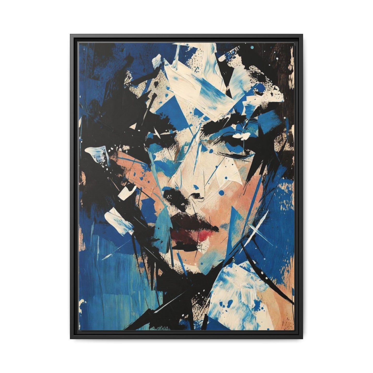 Abstract Portrait Matte Canvas Framed Wall Art — Blue Mixed-Media Face Print