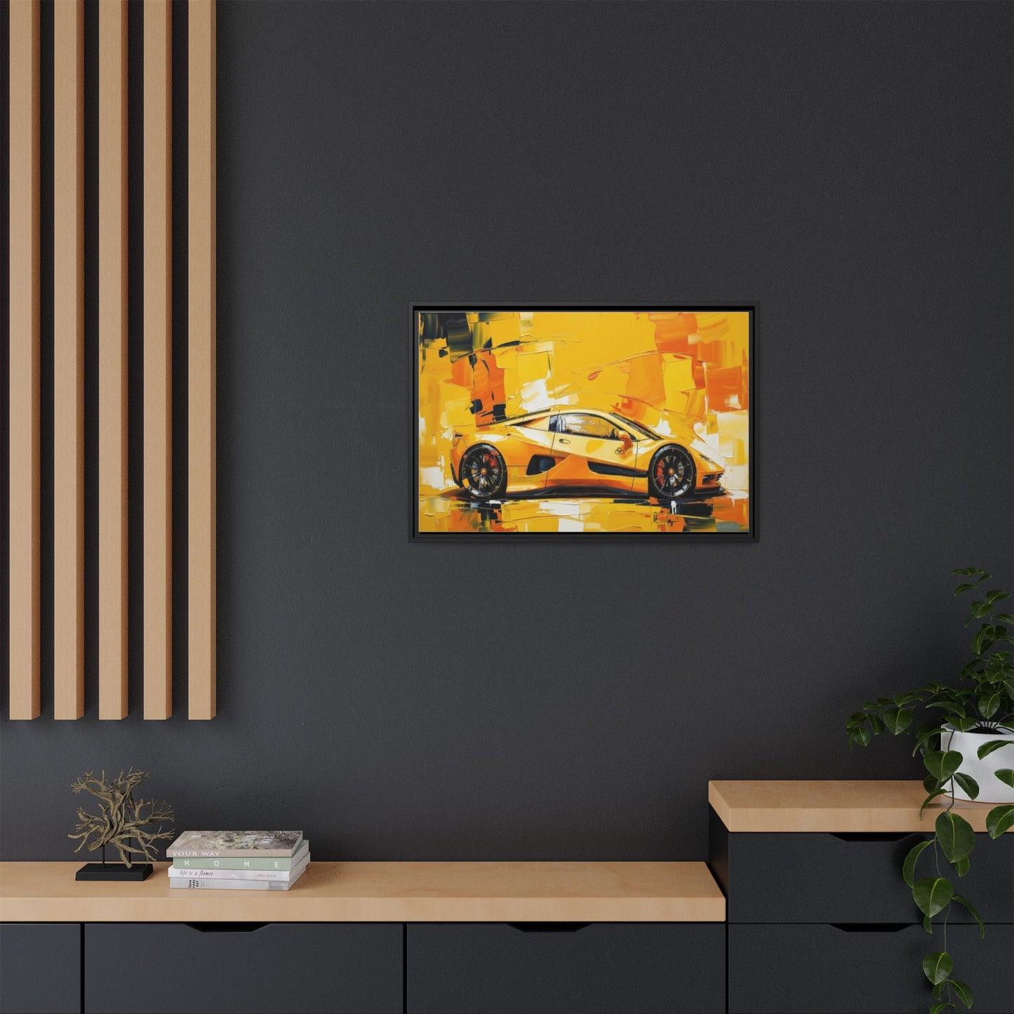 Yellow Sports Car Abstract Matte Canvas Framed Print
