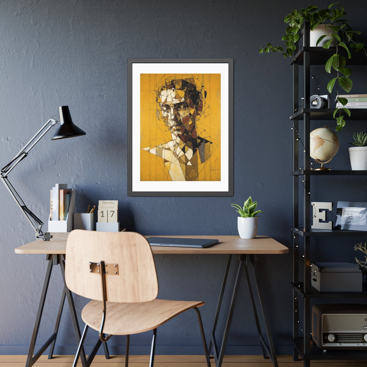 Framed Poster — Abstract Geometric Portrait on Mustard Yellow