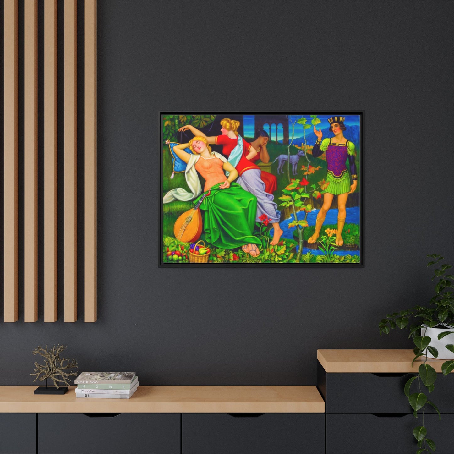 Framed Matte Canvas Art — Colorful Mythic Garden Scene