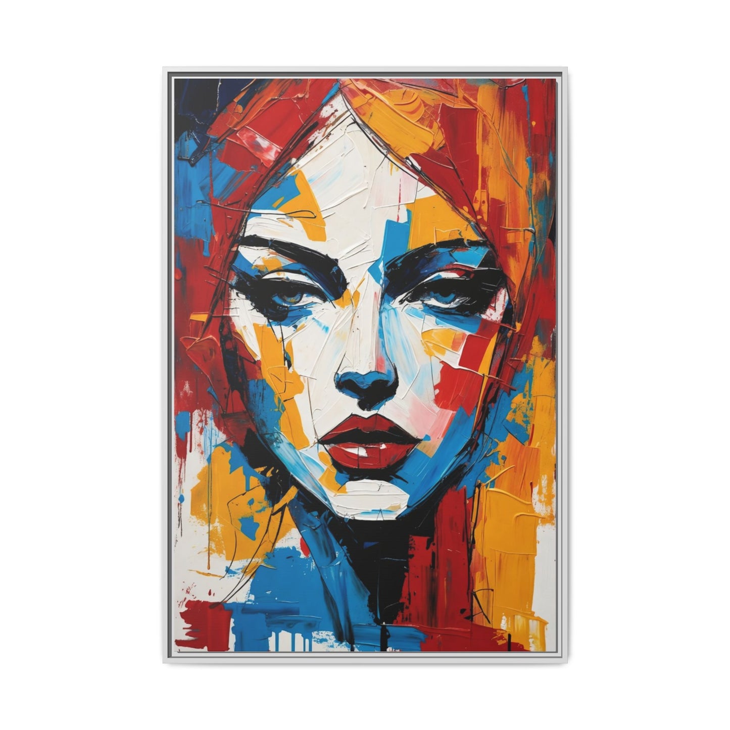 Framed Abstract Portrait Canvas — Colorful Female Face Wall Art