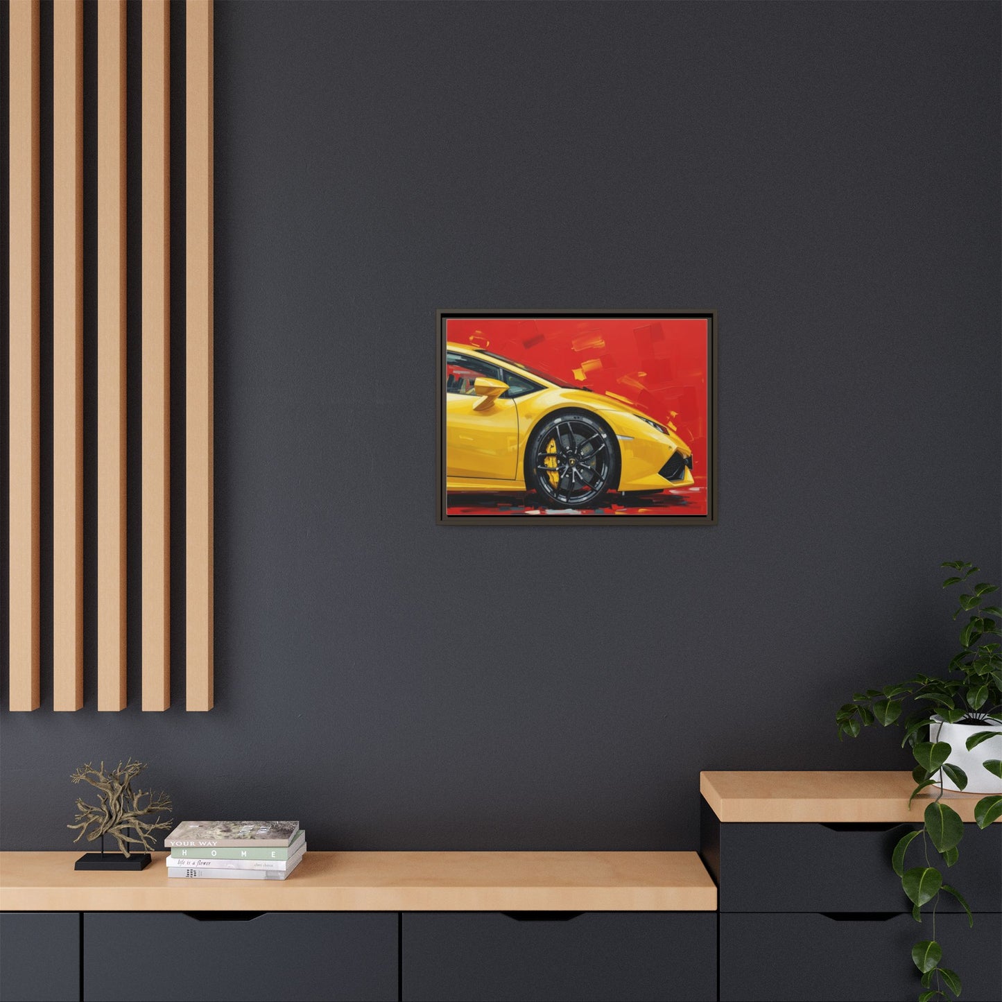 Yellow Sports Car Matte Canvas Print — Framed Automotive Wall Art